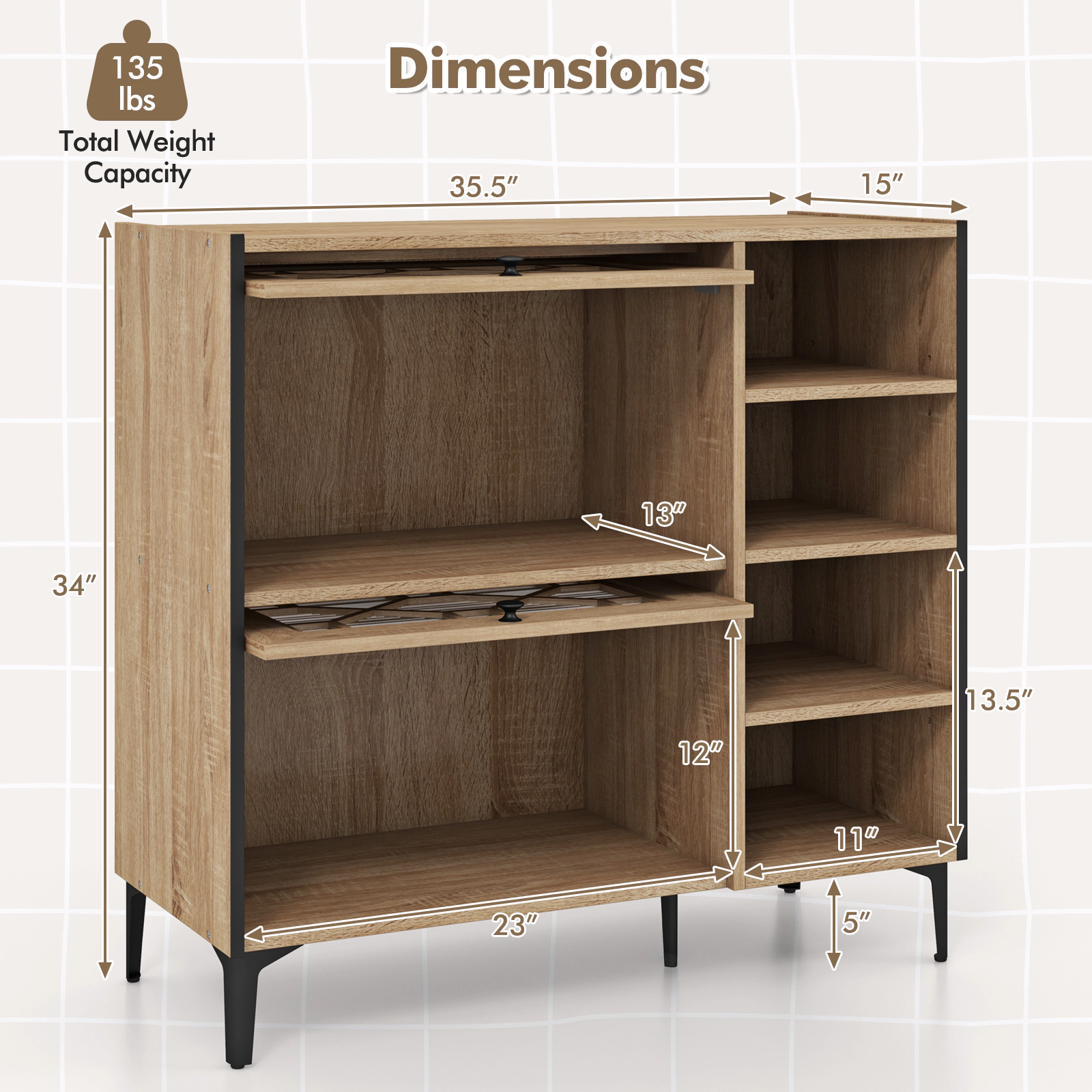 SUGIFT Oak 35.5-in Entryway Shoe Cabinet with Flip-Up See-Through Doors and 4 Open Storage Shelves