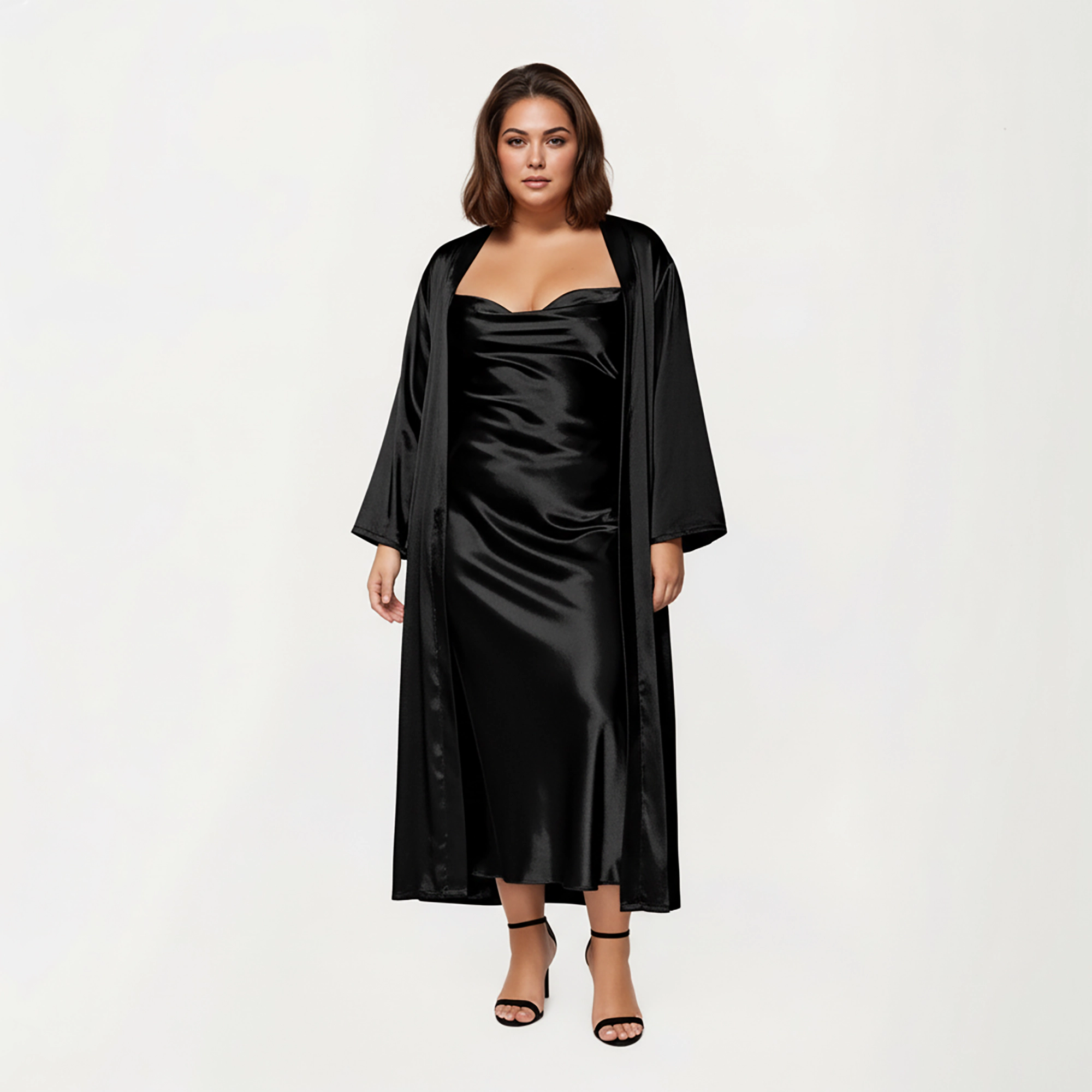 Anna-Kaci Women's Plus Satin Robe and Slip Set with Smooth Draping Fabric Elegant Silhouette