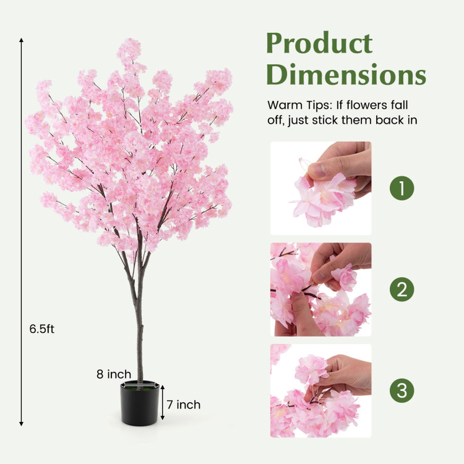SUGIFT 6.5-ft 900 Blossoms Simulated PE Trunk Artificial Cherry Blossom Tree 8-in x 8-in x 74.8-in 11-lb Pink