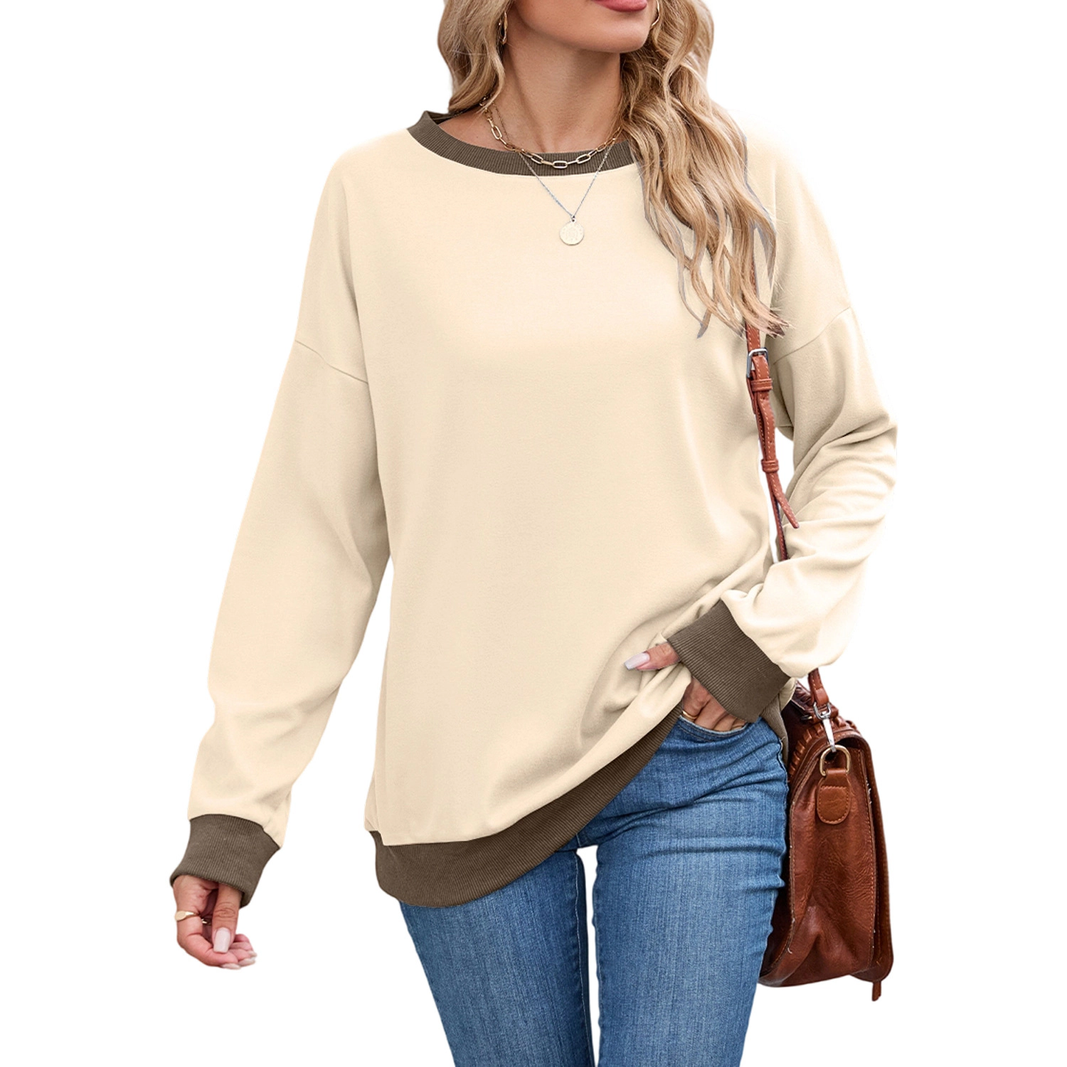 Enchanted Funland Womens Color Block Crew Neck Contrast Ribbed Pullover Sweatshirt