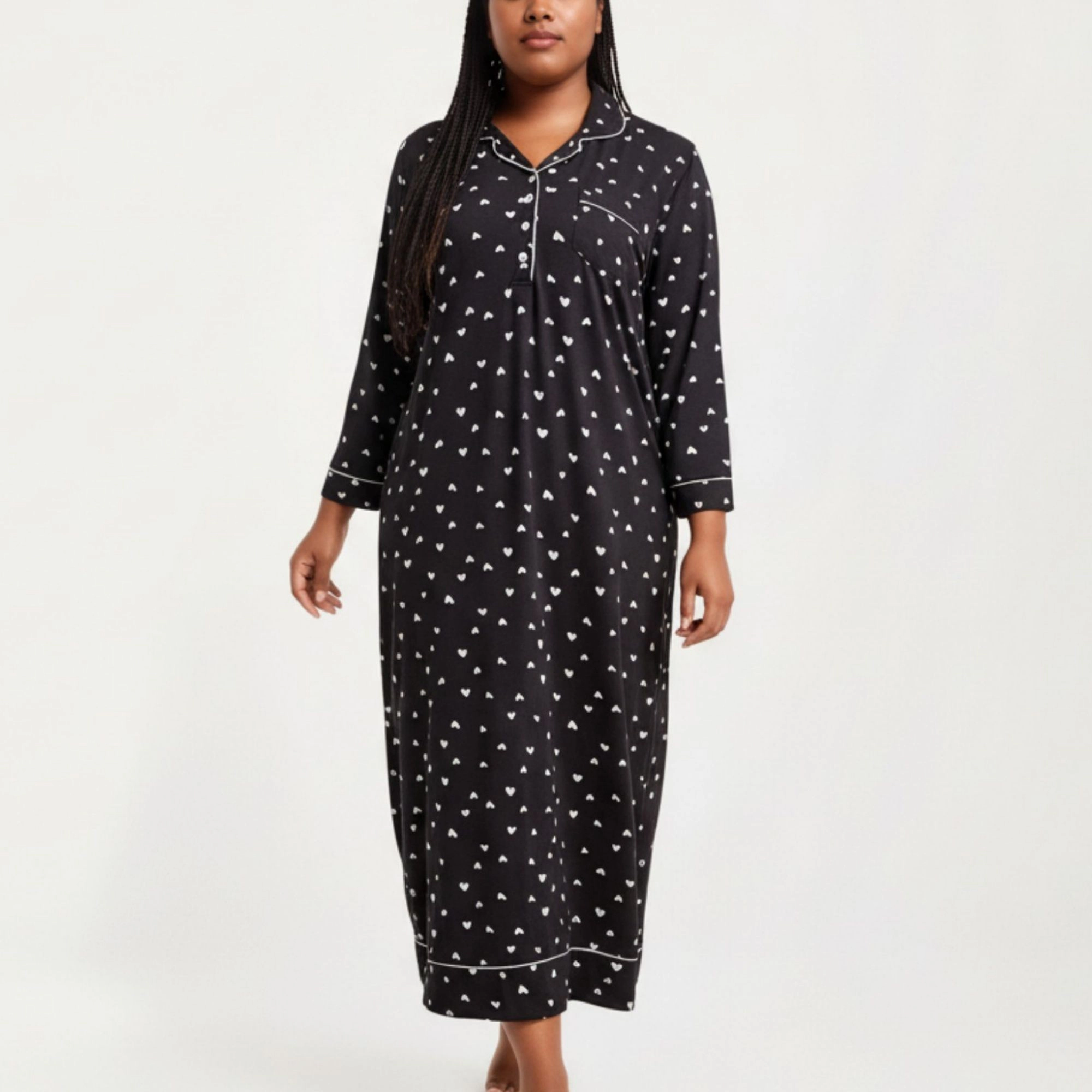 Anna-Kaci Women's Valentine Heart Print Long Sleeve Maxi Nightgown with Soft Stretch Fabric Classic Piped Collar Detail