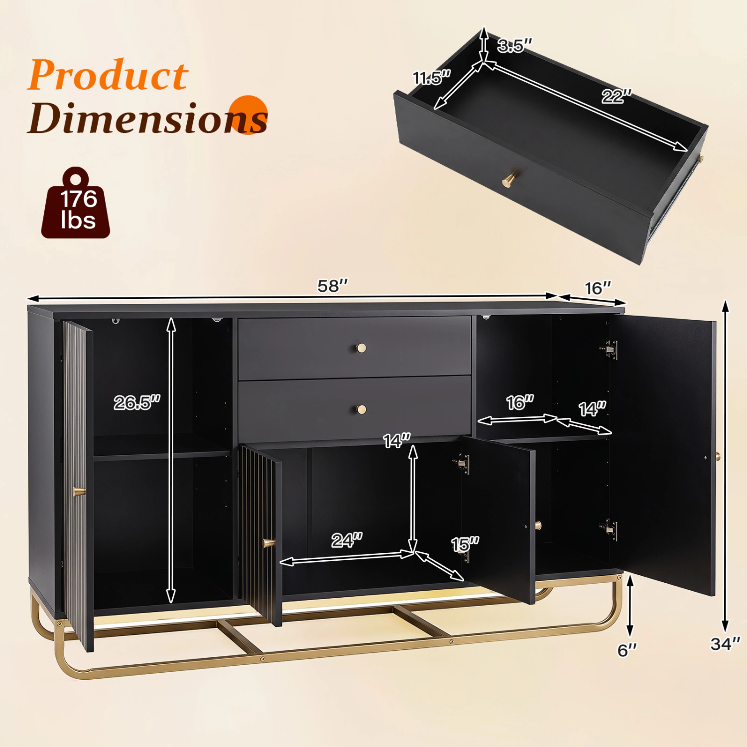 LJG Modern Buffet Sideboard Cabinet with 2 Drawers & Adjustable Shelves for Dining Room