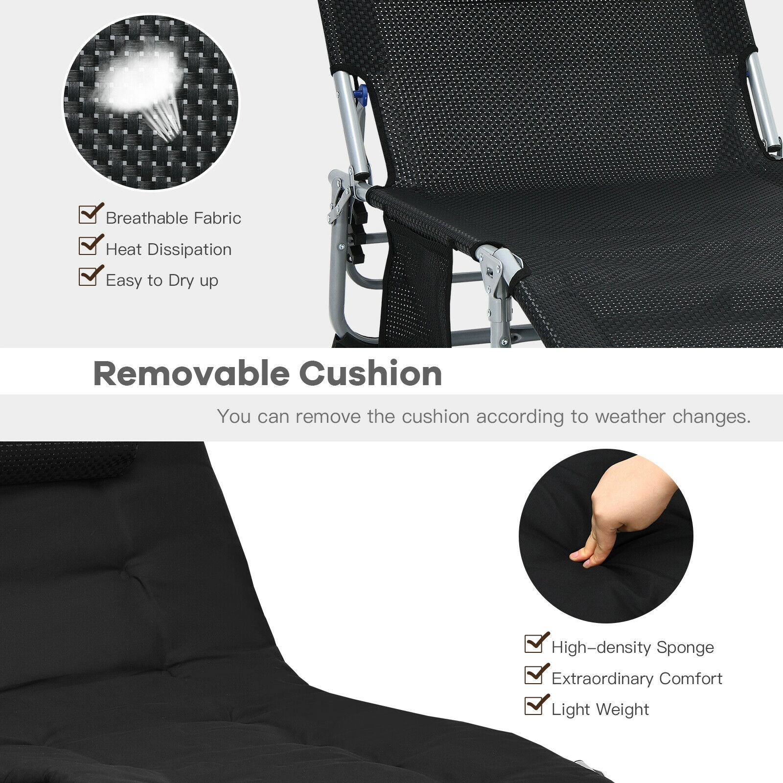 SUGIFT 4-Position Padded Folding Lounge Chair 330-Lb Capacity with Removable Soft Mattress & Neck Pillow Black/Beige