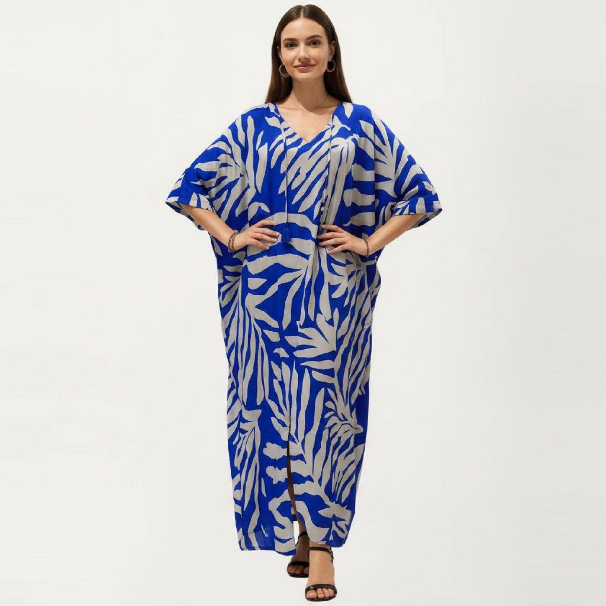 Anna-Kaci Women's Tropical Leaf Print Kaftan Maxi Dress with V-Neckline and Flowy Oversized Silhouette