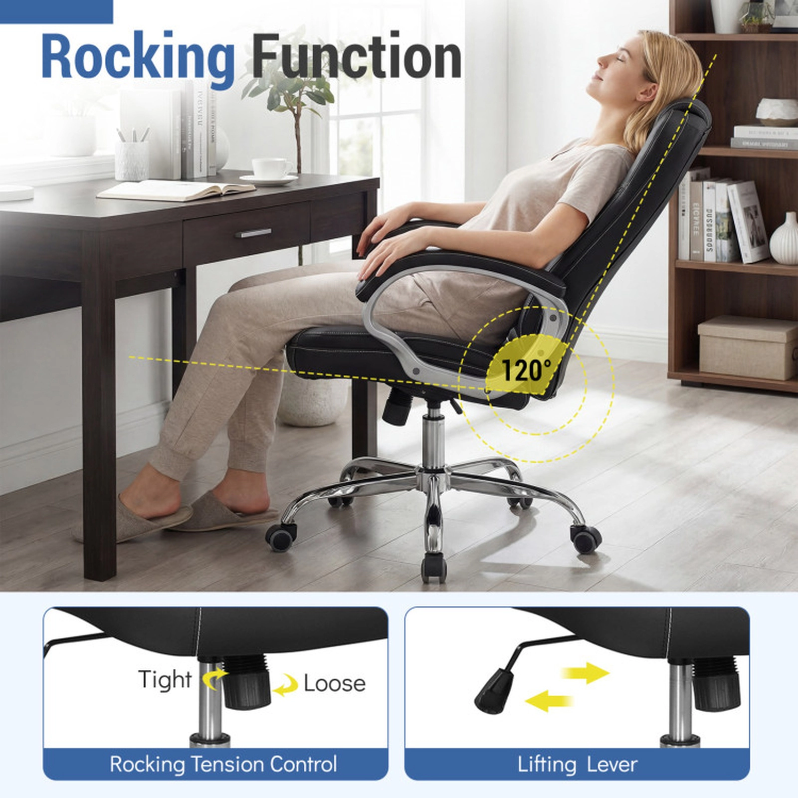 SUGIFT Ergonomic Leather Office Chair with Padded Armrests, Rocking Backrest and Adjustable Seat 300-lb Capacity Black