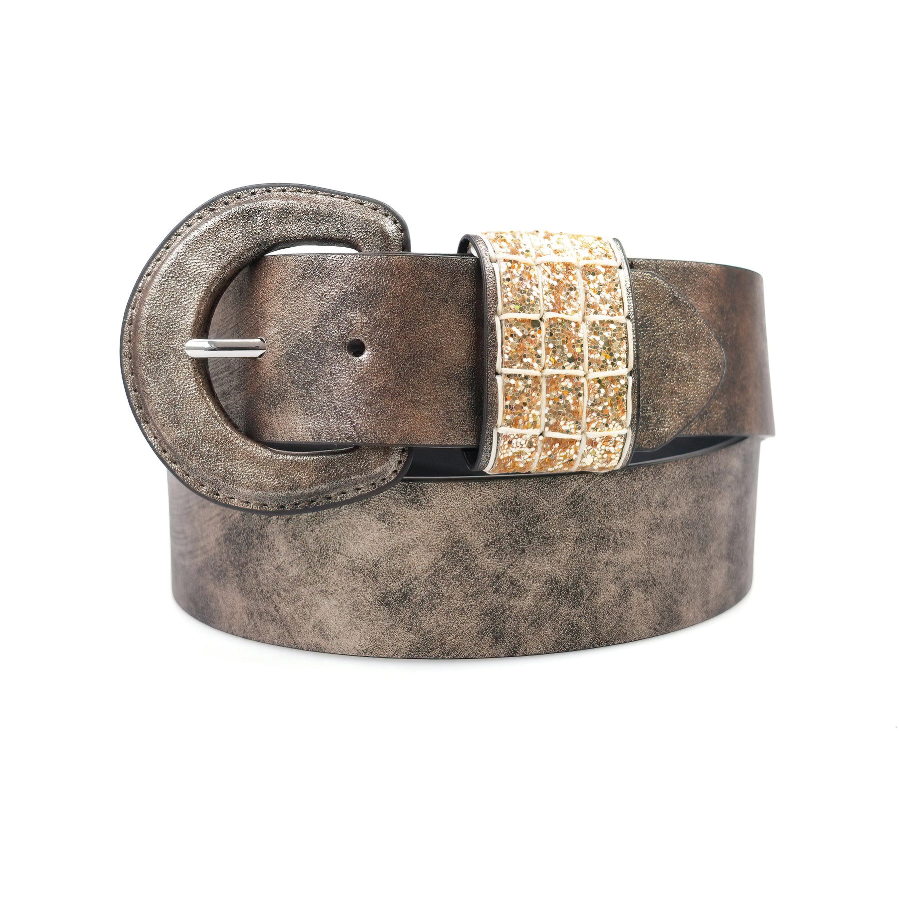 AGP PARIS Brown Glitter Round Buckle Women's Belt