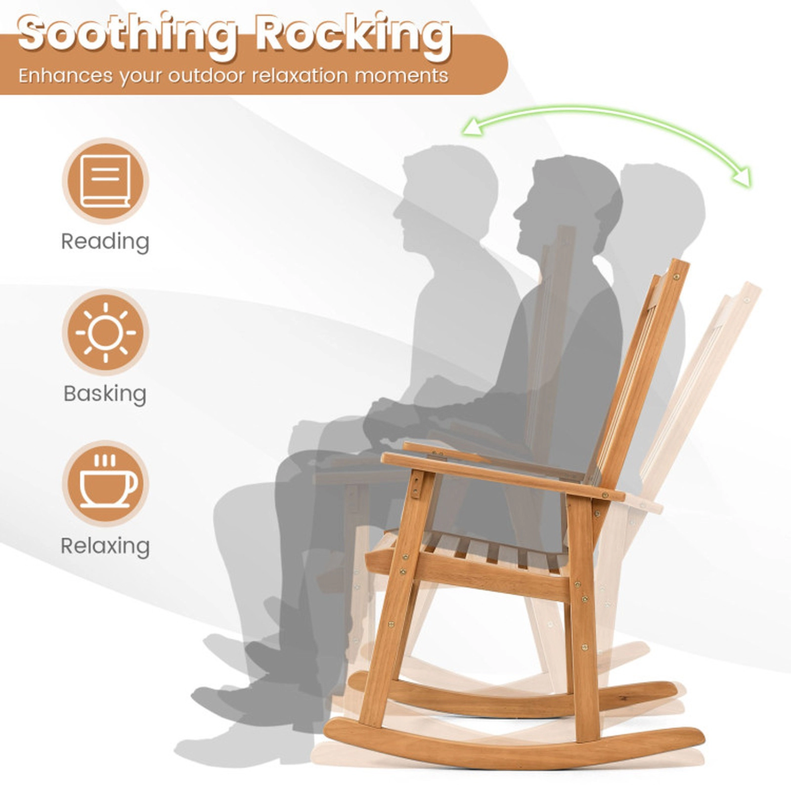 SUGIFT Outdoor Acacia Wood Rocking Chair High Back & Wide Armrests 400-lb Capacity 32 x 25 x 42 in Frame 1-Piece Natural