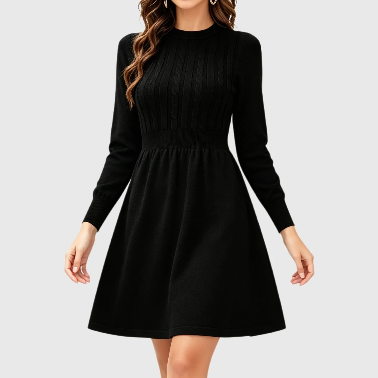 YesFashion Women Sweater Dress Long Sleeve Crewneck High Waist A-Line Knitted Cute Mini Dresses