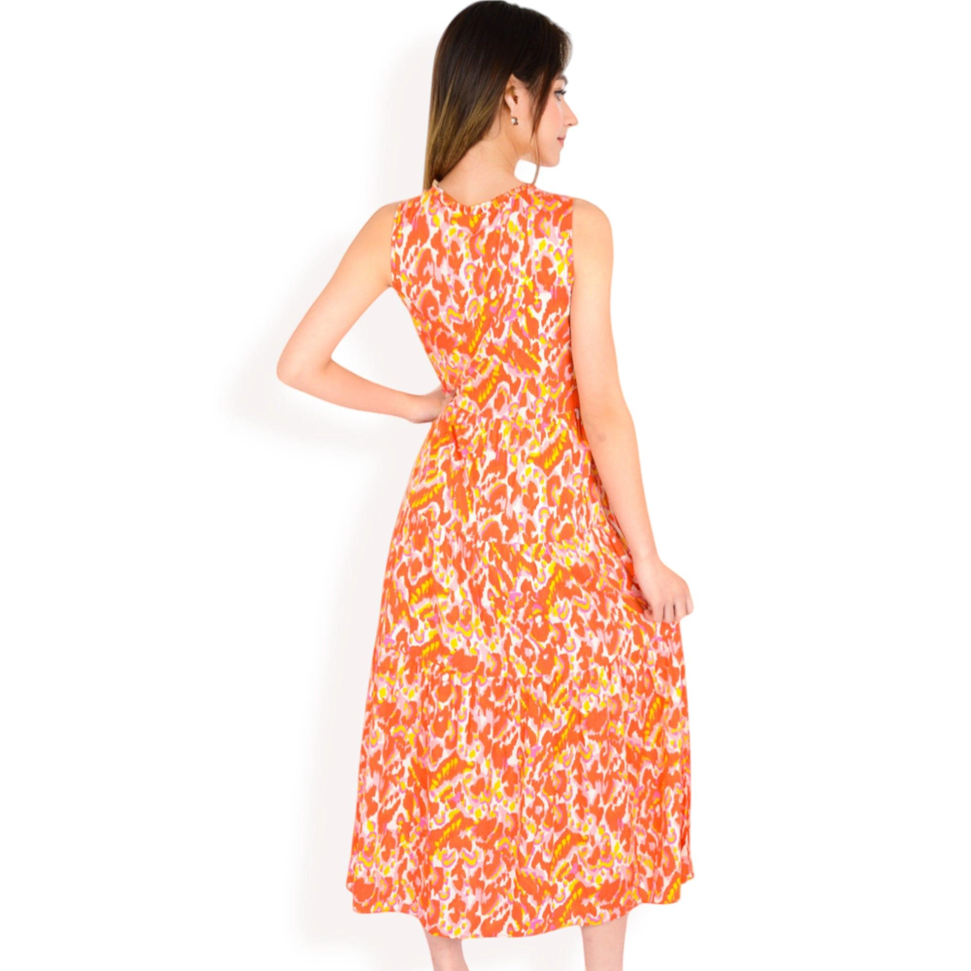 Anna-Kaci Women's Sleeveless Tiered Vibrant Abstract Print Tassel Tie Detail Maxi Dress