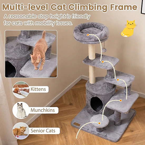 SUGIFT 40-in Beige Multi-Level Cat Tree Tower with Condo Padded Perch and Sisal Posts 23-in Square Base