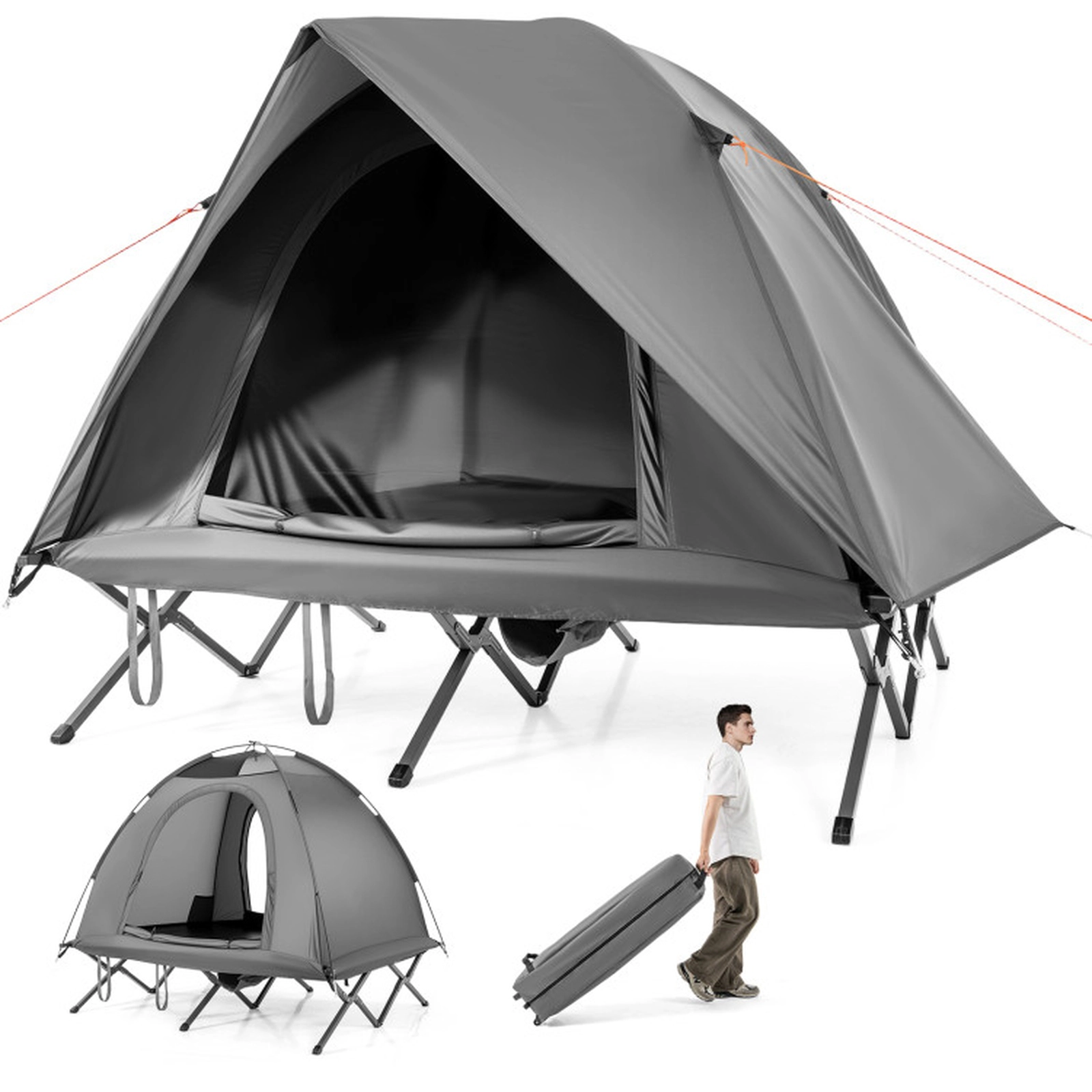 SUGIFT Grey 77-in 660-lb Capacity 2-Person Camping Cot Tent with 3000-mm Rainfly and Wheeled Bag