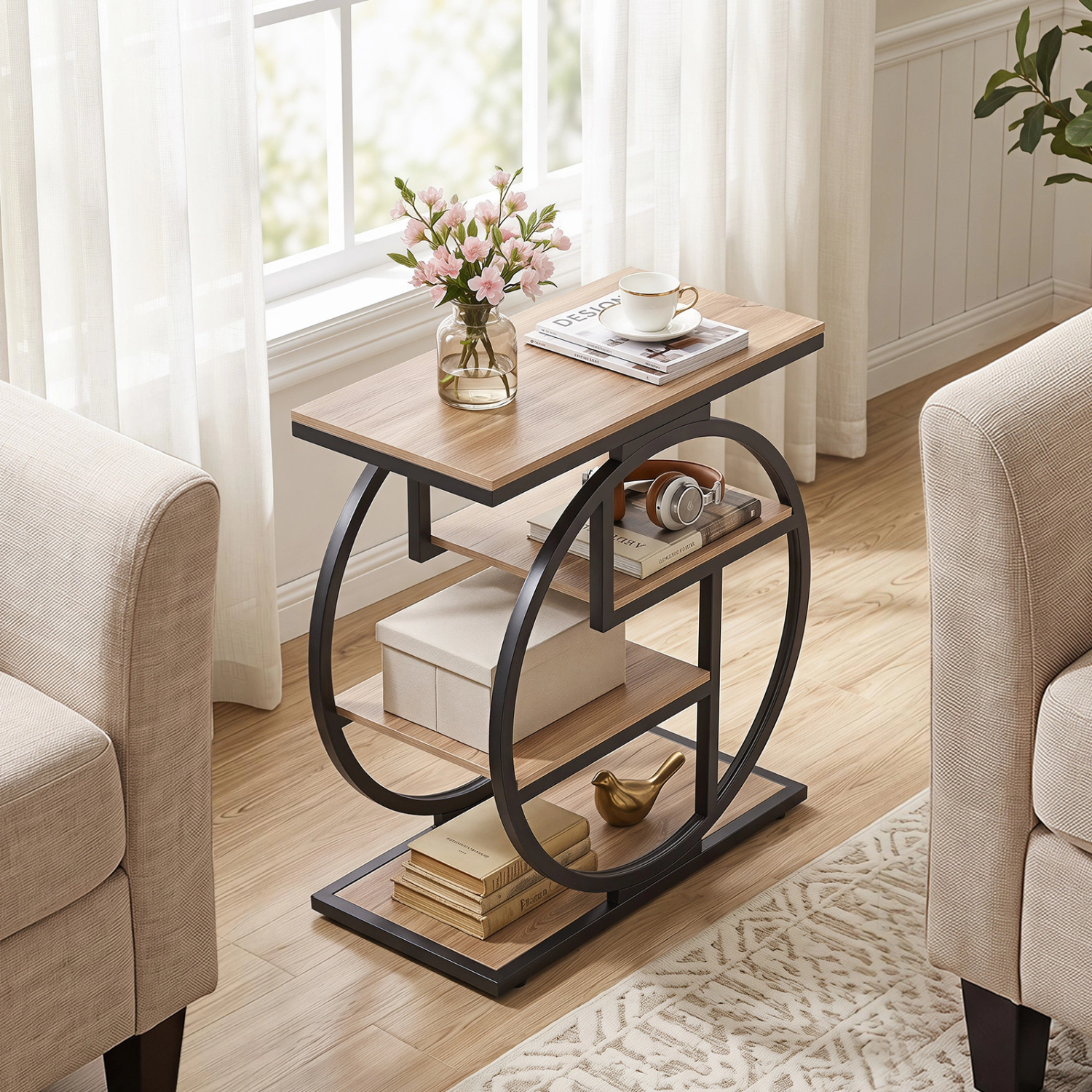 LJG 4-Tier Narrow End Table for Living Room with Storage Shelves