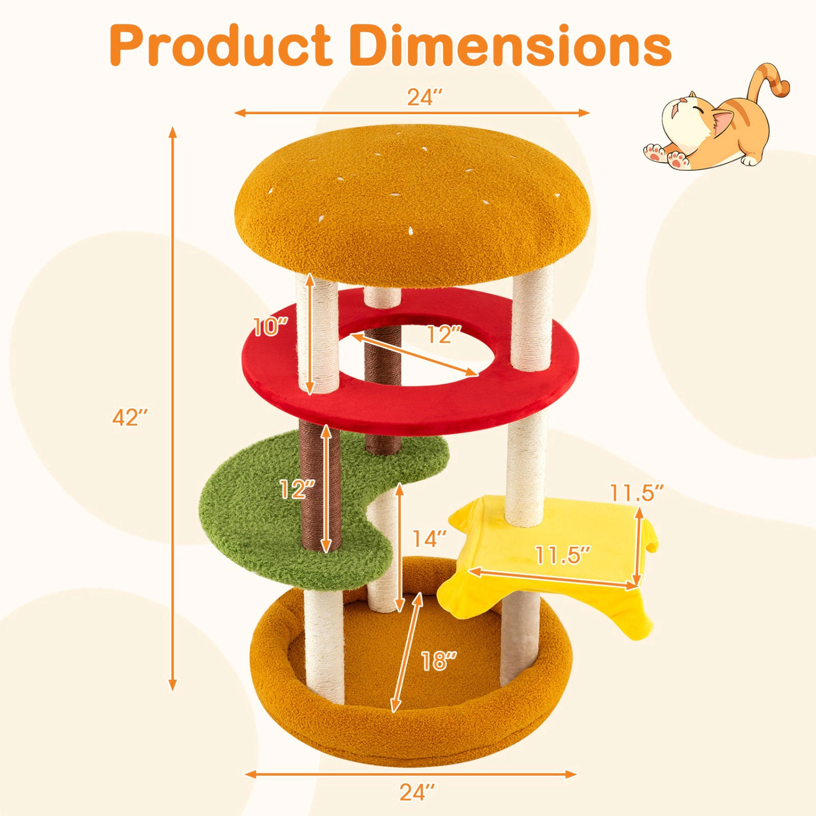 SUGIFT Yellow 42 in Hamburger Cat Tree with 24 in Padded Perch and Cat Bed