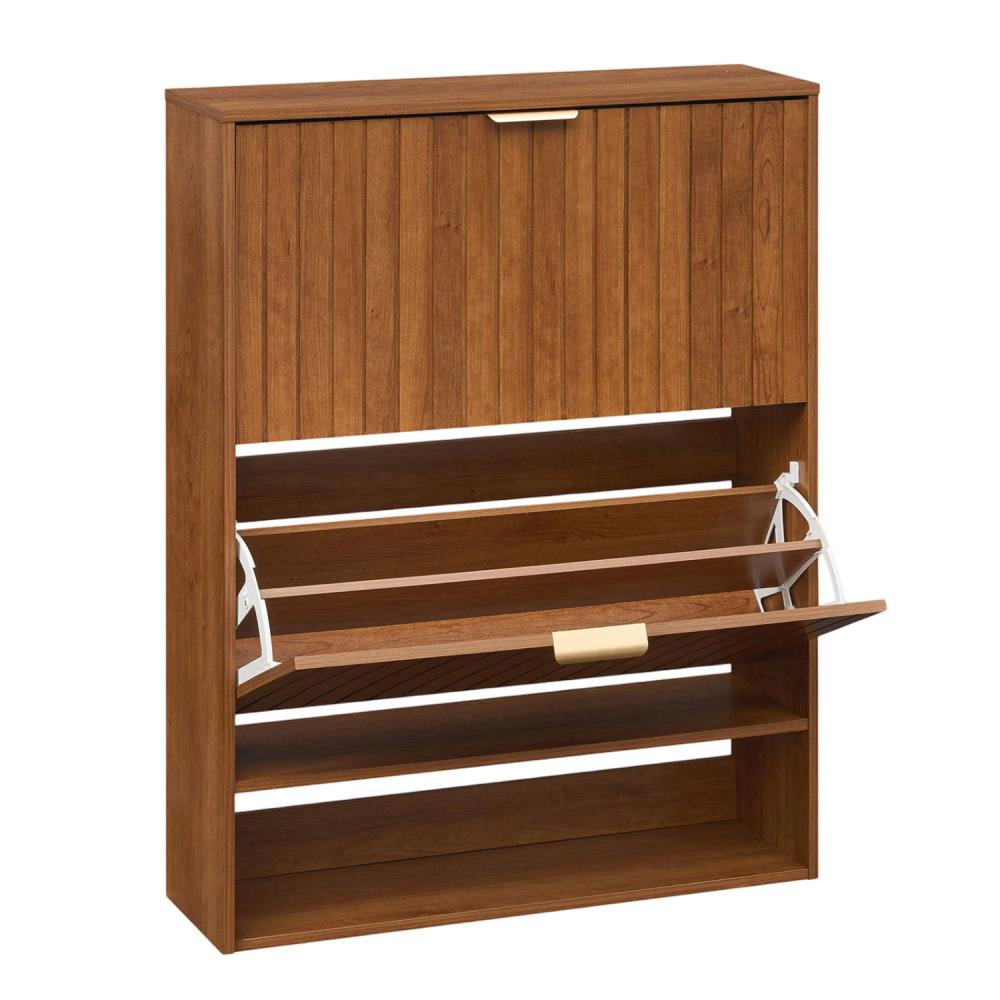 Hivvago Fluted Hidden Shoe Cabinet with 2 Flip Drawers and Open Storage