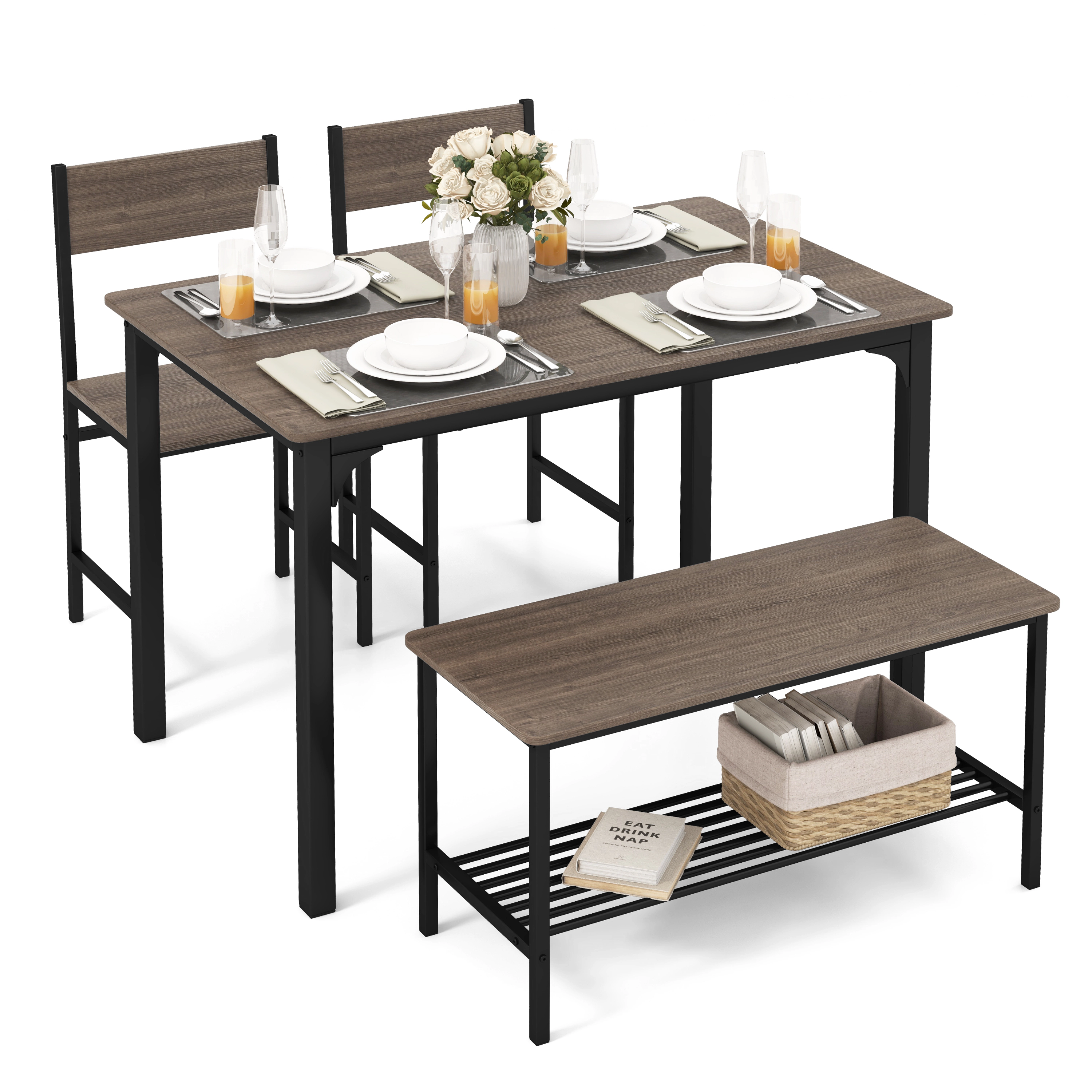 SUGIFT 4-Piece 43-Inch Dining Table Set, Rustic Brown, Bench, 2 Chairs, Storage Rack