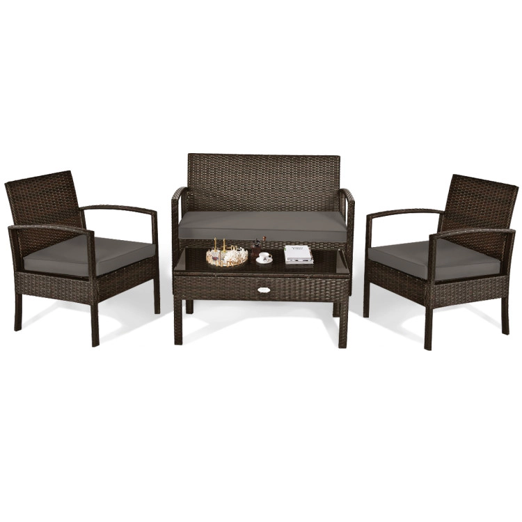 Hivvago 4 Pieces Patio Rattan Cushioned Furniture Set With Loveseat And Table