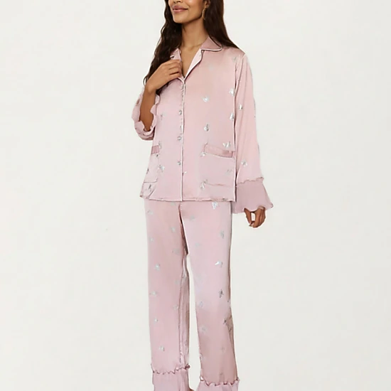 Anna-Kaci Women's 2-Piece Satin Pajama Top with Piping Detail and Ruffled Cuffs Paired with Matching Pants