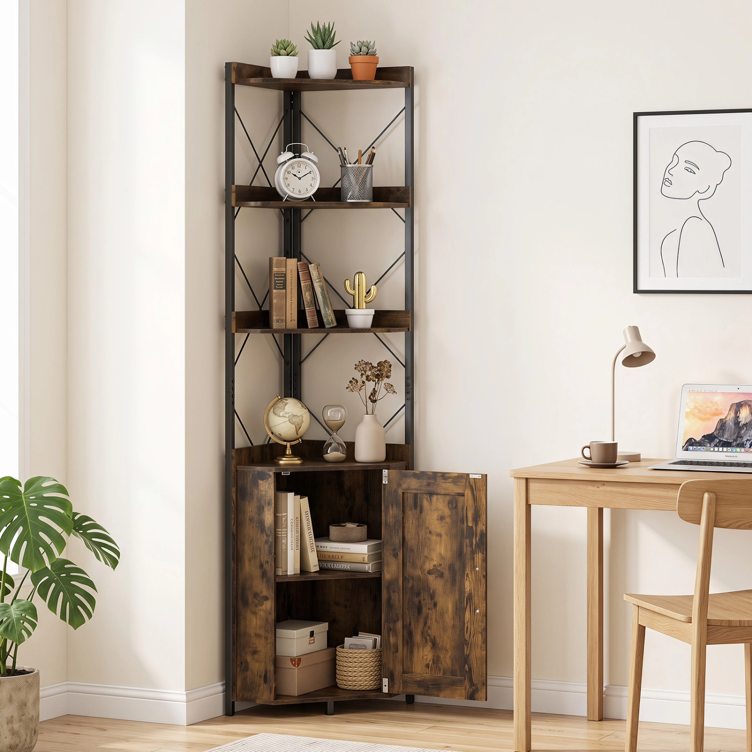 LJG Tall Corner Storage Cabinet with 3-Tier Shelf and Enclosed Cabinet