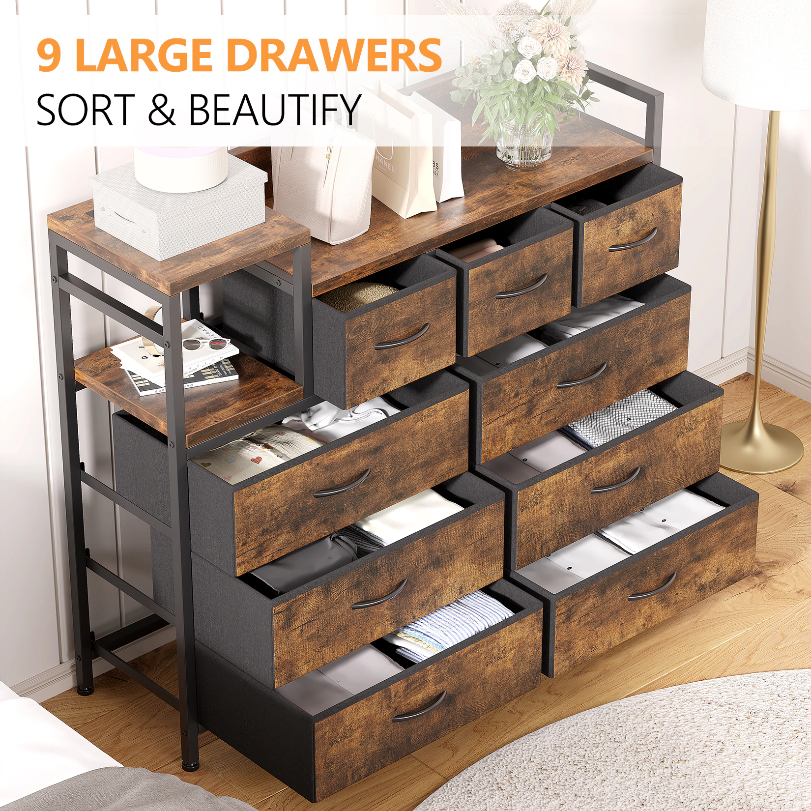 BebreezChic 9 Drawer Dresser with Charging Station and Wooden Top Metal Frame TV Stand