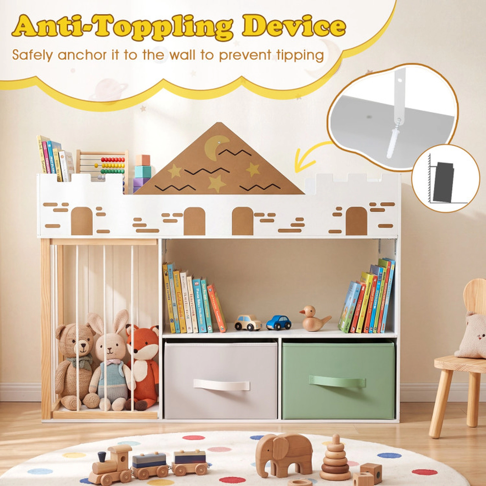 SUGIFT 36-in 35-lb Shelf Castle Kids Toy Organizer with Stuffed Animal Storage Fabric Drawers and Open Shelves