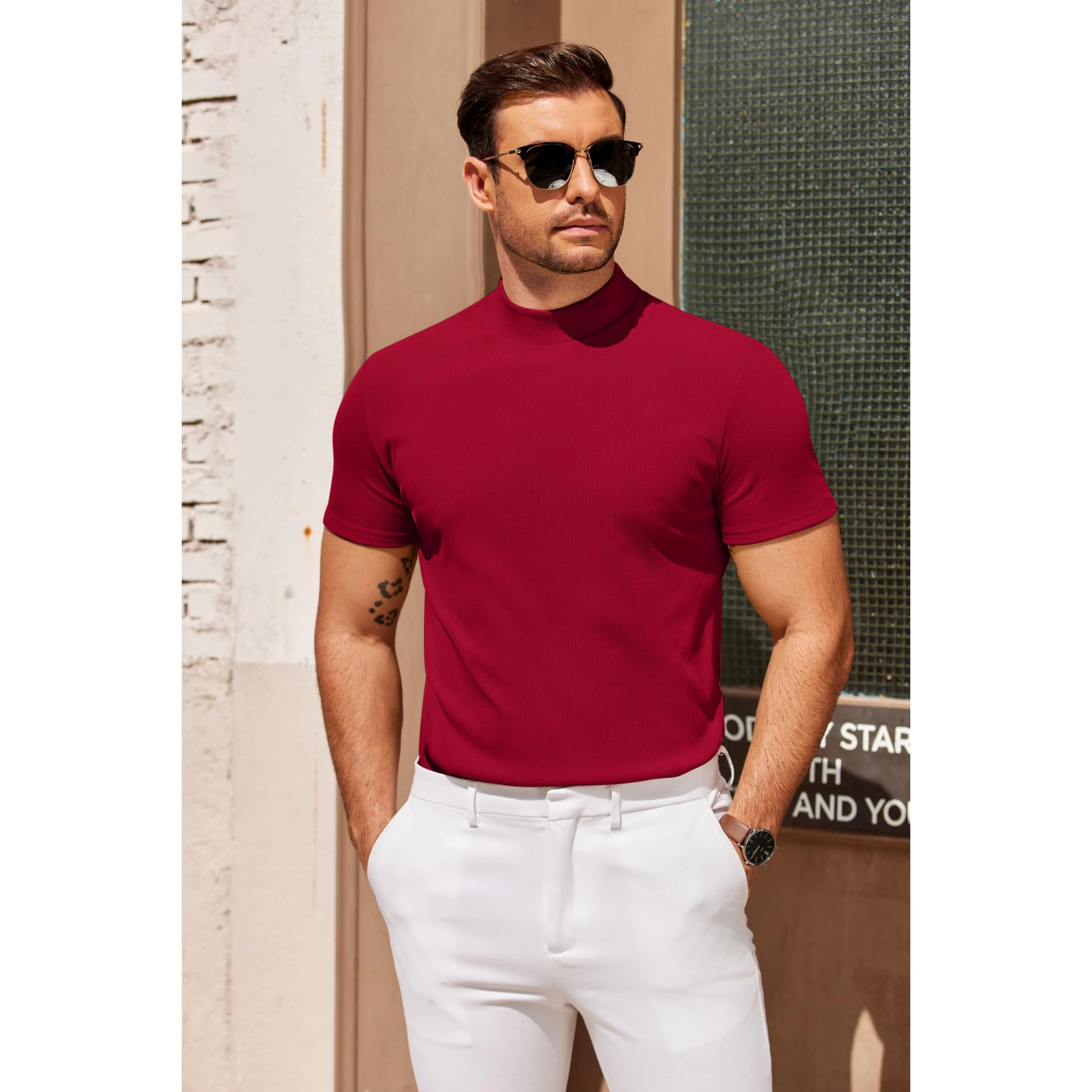 COOFANDY Men's Slim Fit Short Sleeve Mock Neck T-Shirt