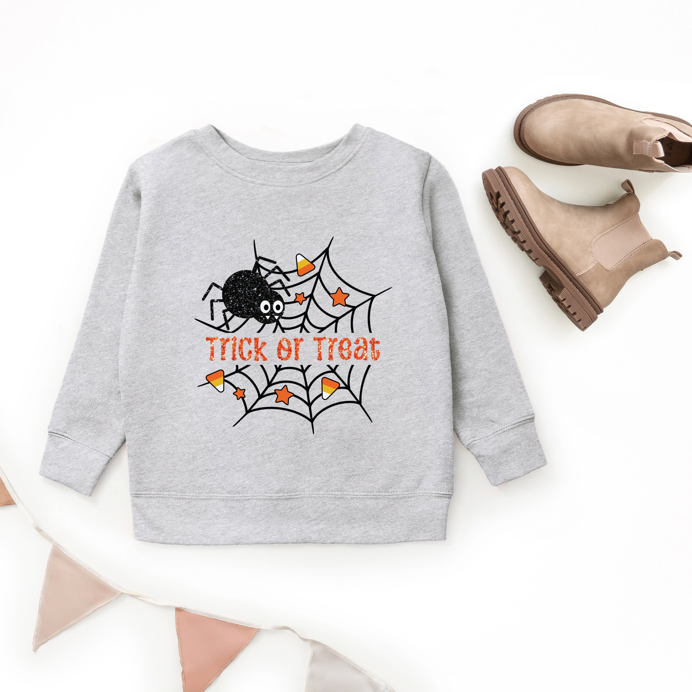 The Juniper Shop - Youth Graphic Sweatshirt Trick or Treat Spiderweb Glitter