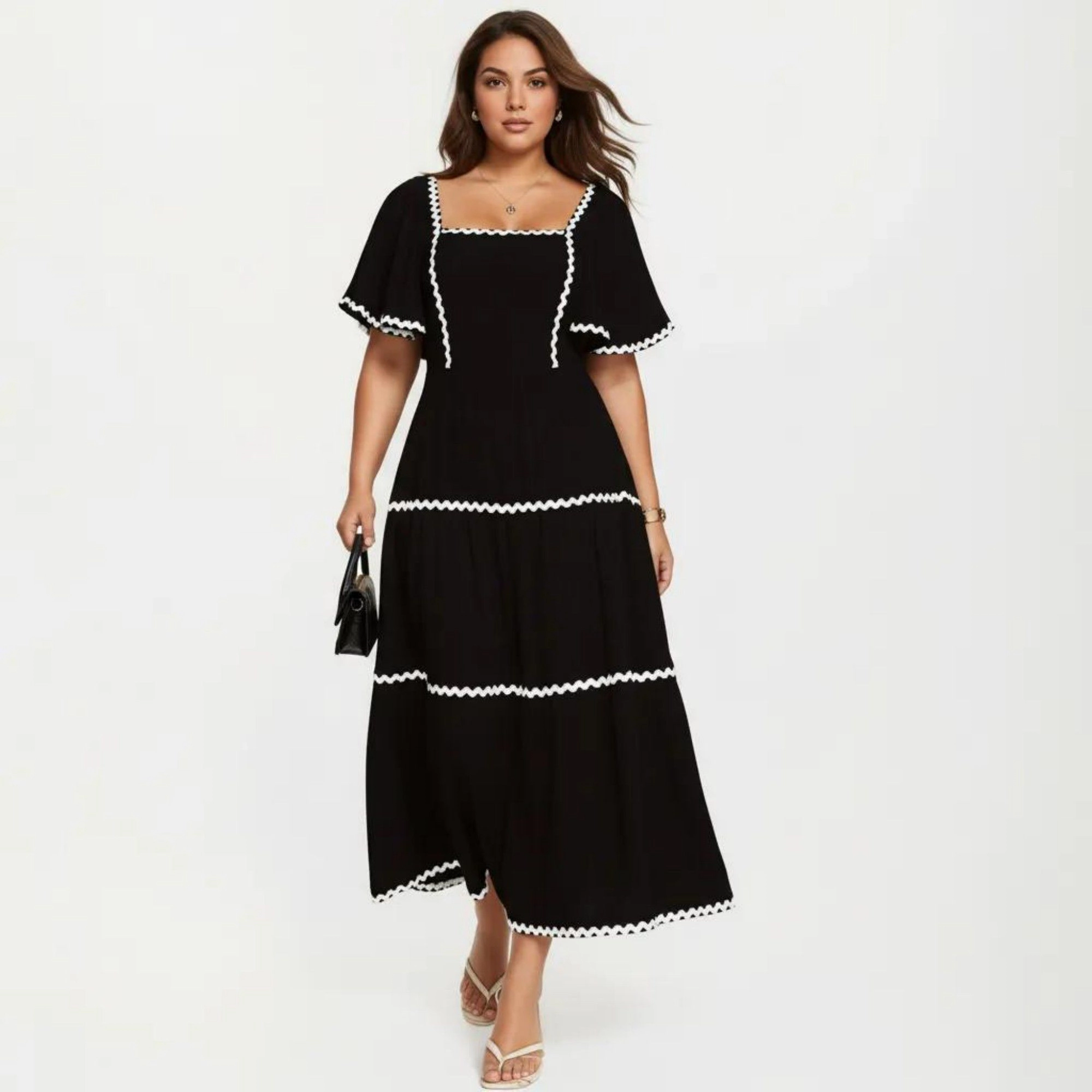 Anna-Kaci Womens Plus Square Neck Contrast Trim Tiered Midi Dress