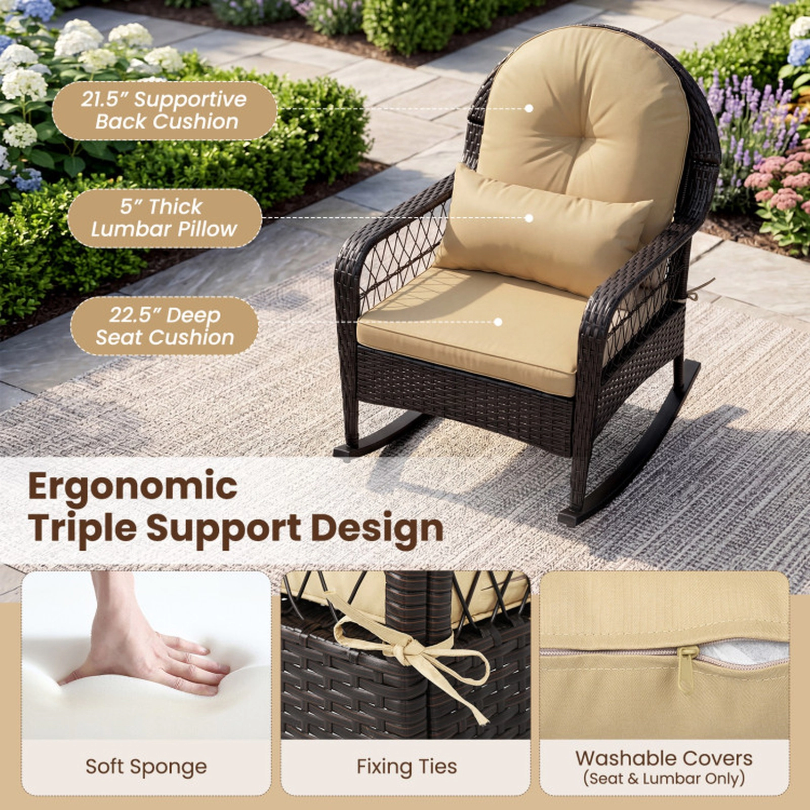 SUGIFT Outdoor Wicker Rocking Chair with Anti-Tip Stoppers 400-lb Capacity 22-lb Frame for Porch Deck Patio Brown