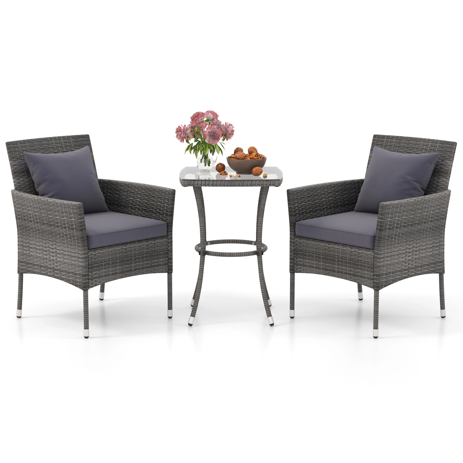 SUGIFT PE Rattan Patio Conversation Set with Cushioned Chairs and Tempered Glass Table 400-lb Chair Capacity Mix Gray