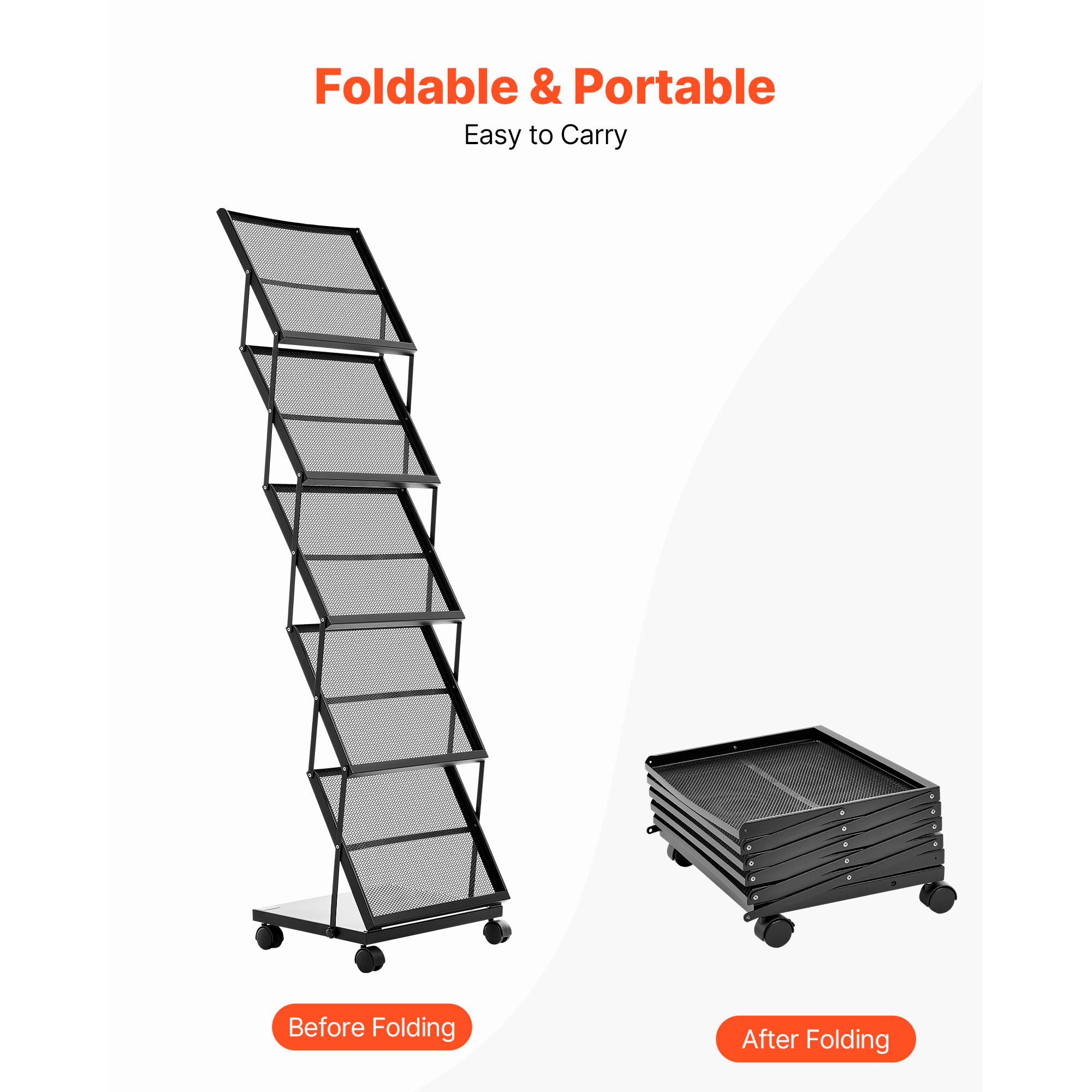 HONGGE Brochure Display Rack, Magazine Literature Stand, Movable Floor Standing Rack with Wheels