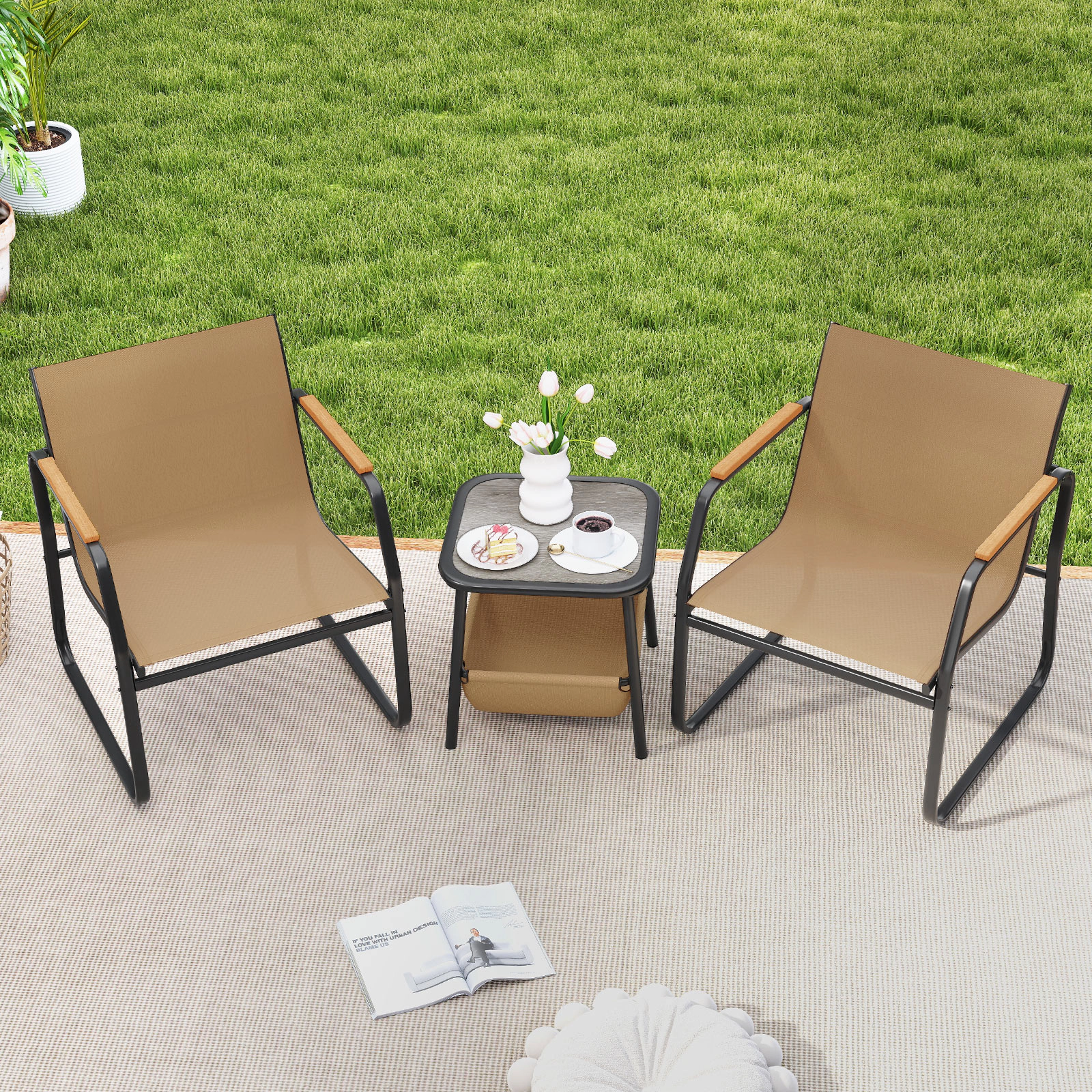 SUGIFT 3-Piece Brown Metal Patio Bistro Set with Mesh Chairs and 2-Tier Storage Table