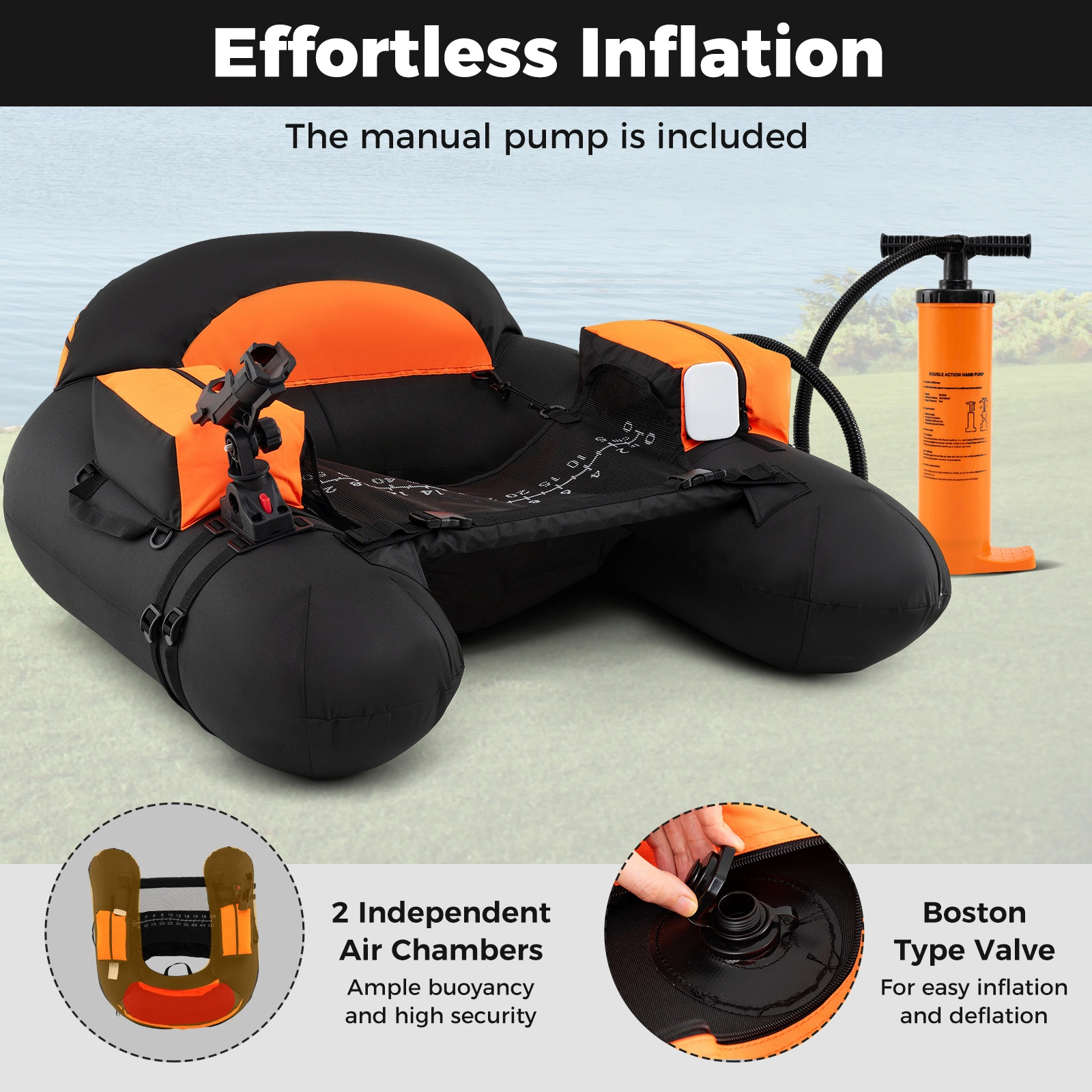 SUGIFT Inflatable Float Tube with Fishing Rod Holder and Fish Hook Stator Water Toy 330-lb Capacity Green/Orange