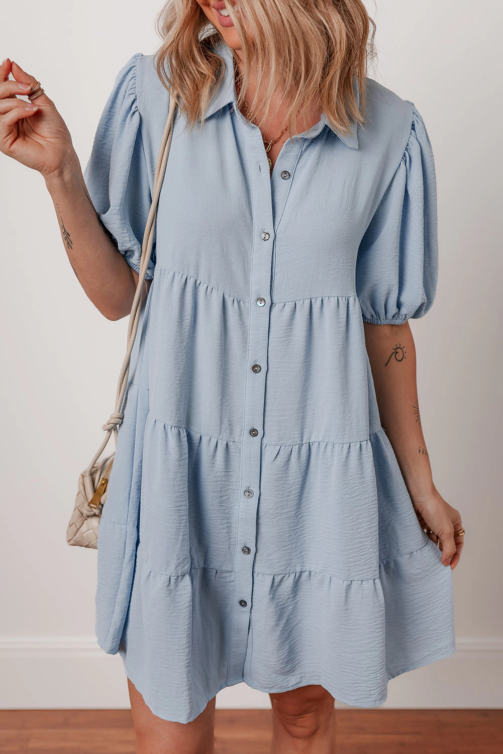 Threaded Pear Women's Arya Shirt Collar Button Up Puff Sleeve Tiered Dress