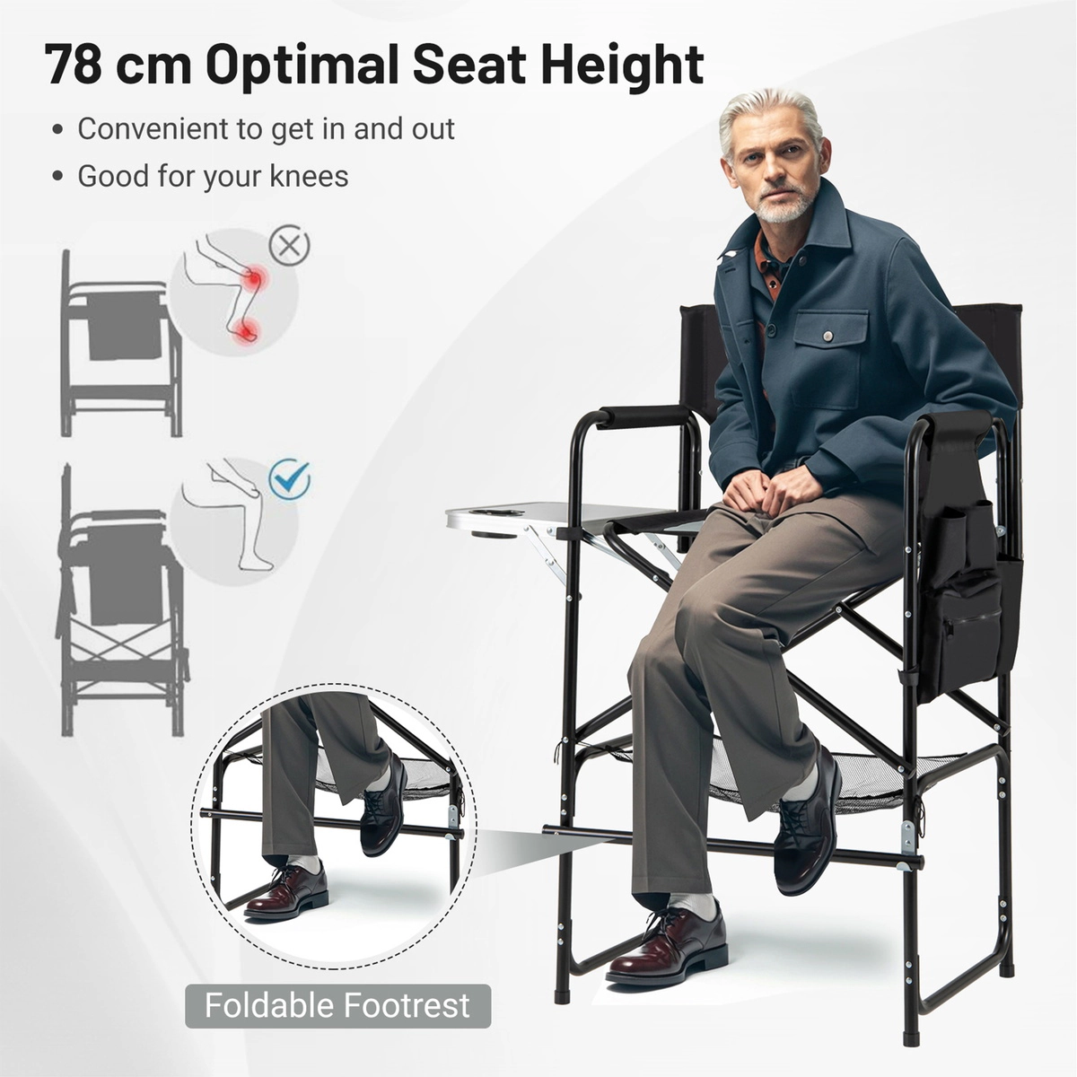 SUGIFT Gray 46-in Tall Folding Directors Chair with Side Table and Footrest 25.5-in W 21-in D 330-lb Seat Capacity