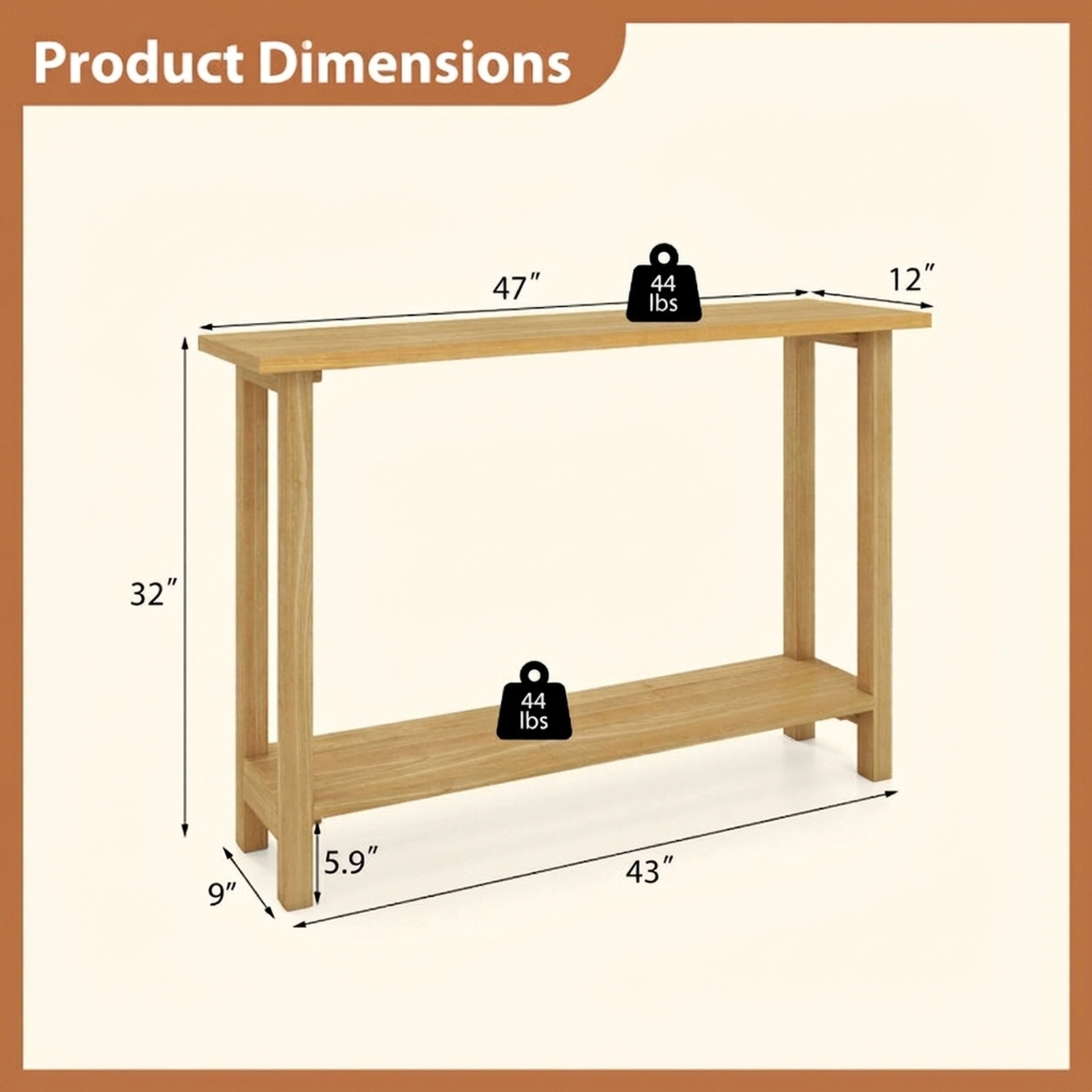 SUGIFT 47-in Teak Wood Console Table with 1-in Thick Top 44-lb Tabletop Capacity 2-Tier Storage Shelf Natural