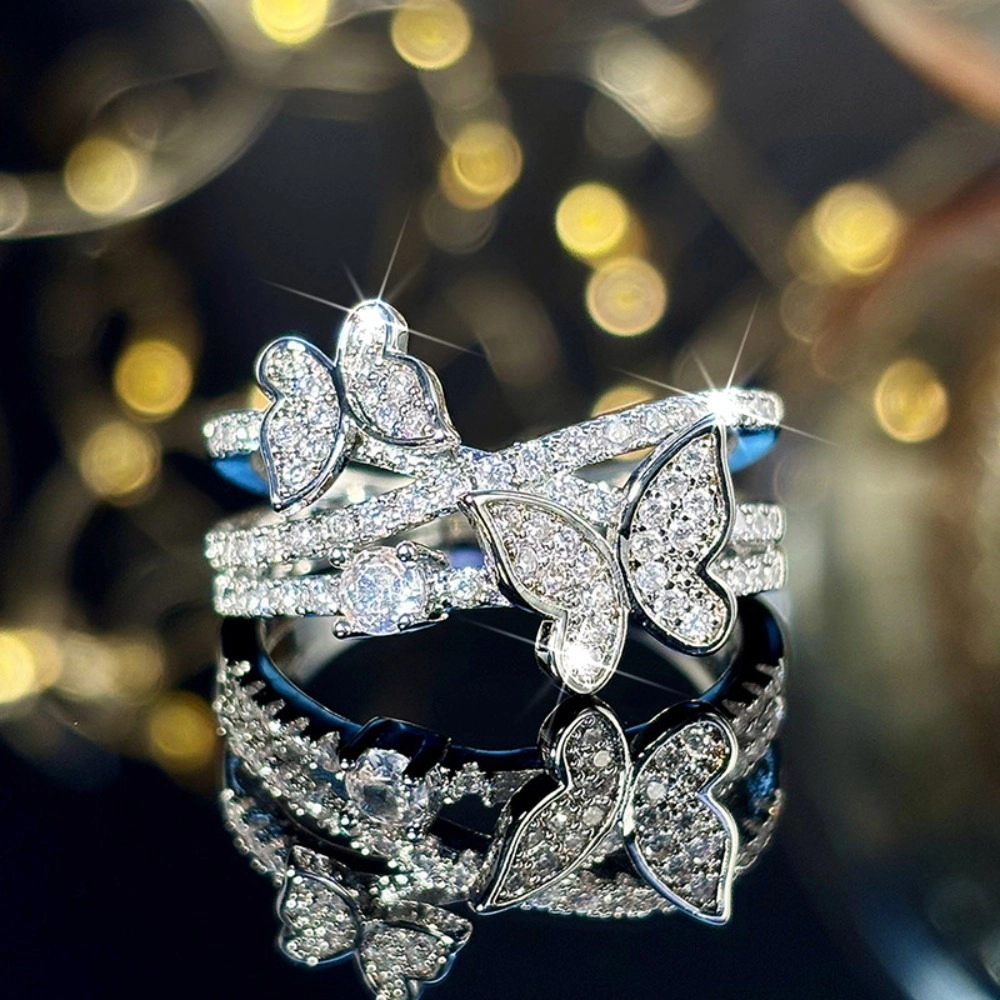 Wardrobe Whimsy Butterfly Cubic Zirconia Intertwined Band Ring Dainty Fashion Statement Jewelry