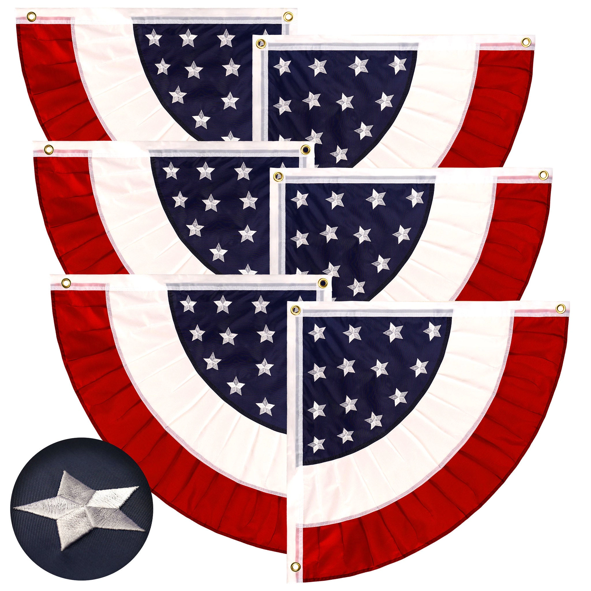 G128 3-Pack USA Pleated Fan Flags 2x2 Feet Quarter Circle Embroidered Polyester