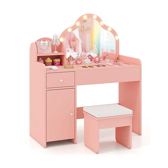 Hivvago Kids Vanity Desk With Mirror And Lights Princess Pretend