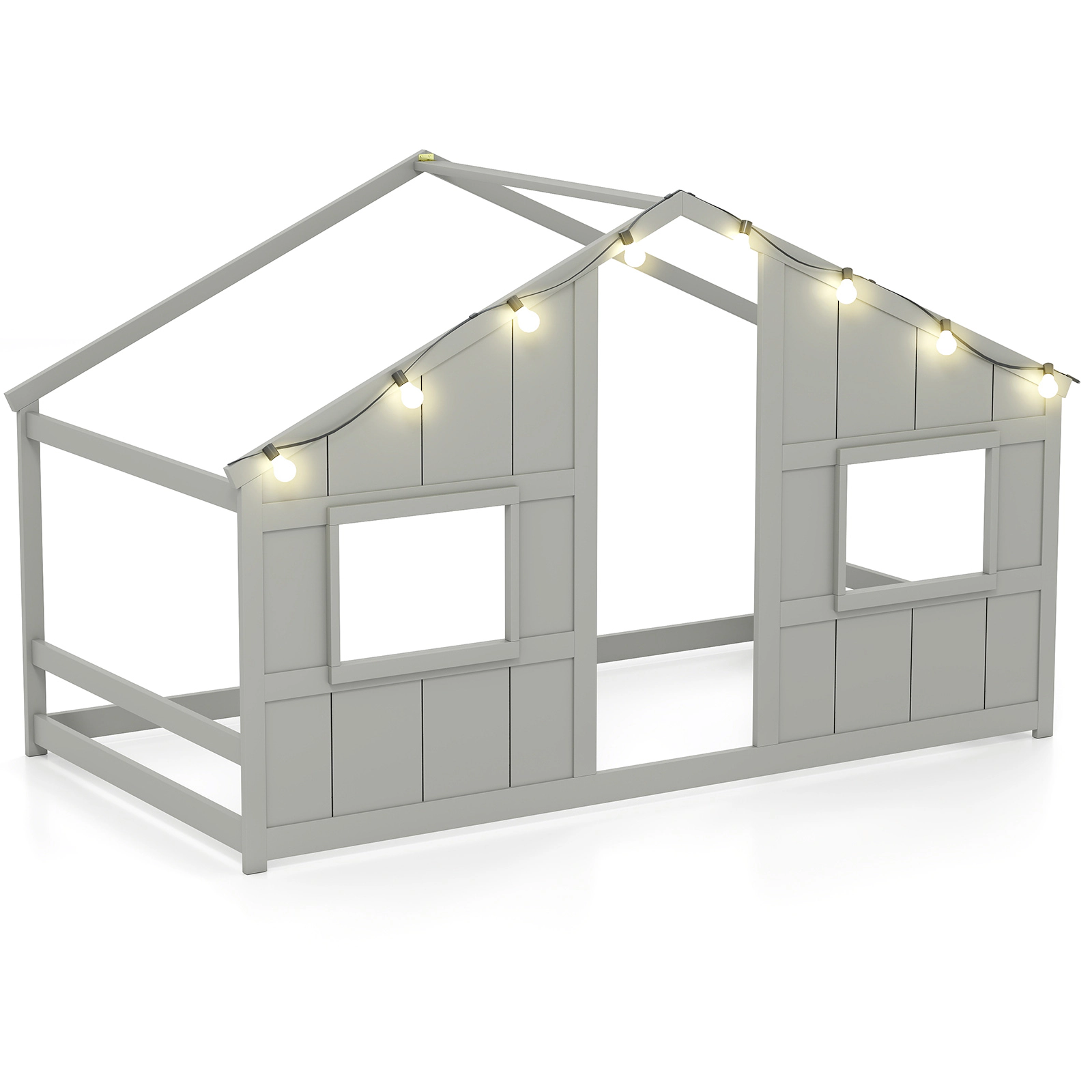 SUGIFT Twin Size Slat-Free House Floor Bed with LED Lights 51-in Tall Toddler Bed Solid Wood Frame Gray White Natural