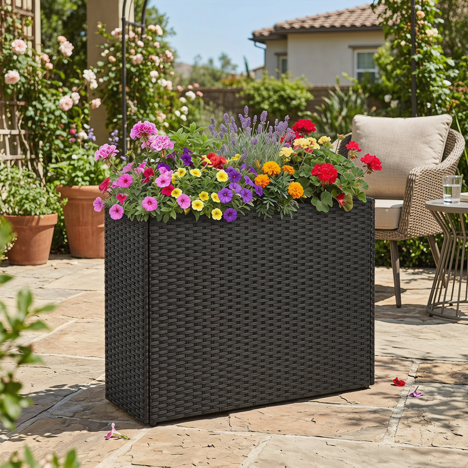 LJG Raised Garden Bed All-Weather PE Rattan Wicker Flowerpot with Liner