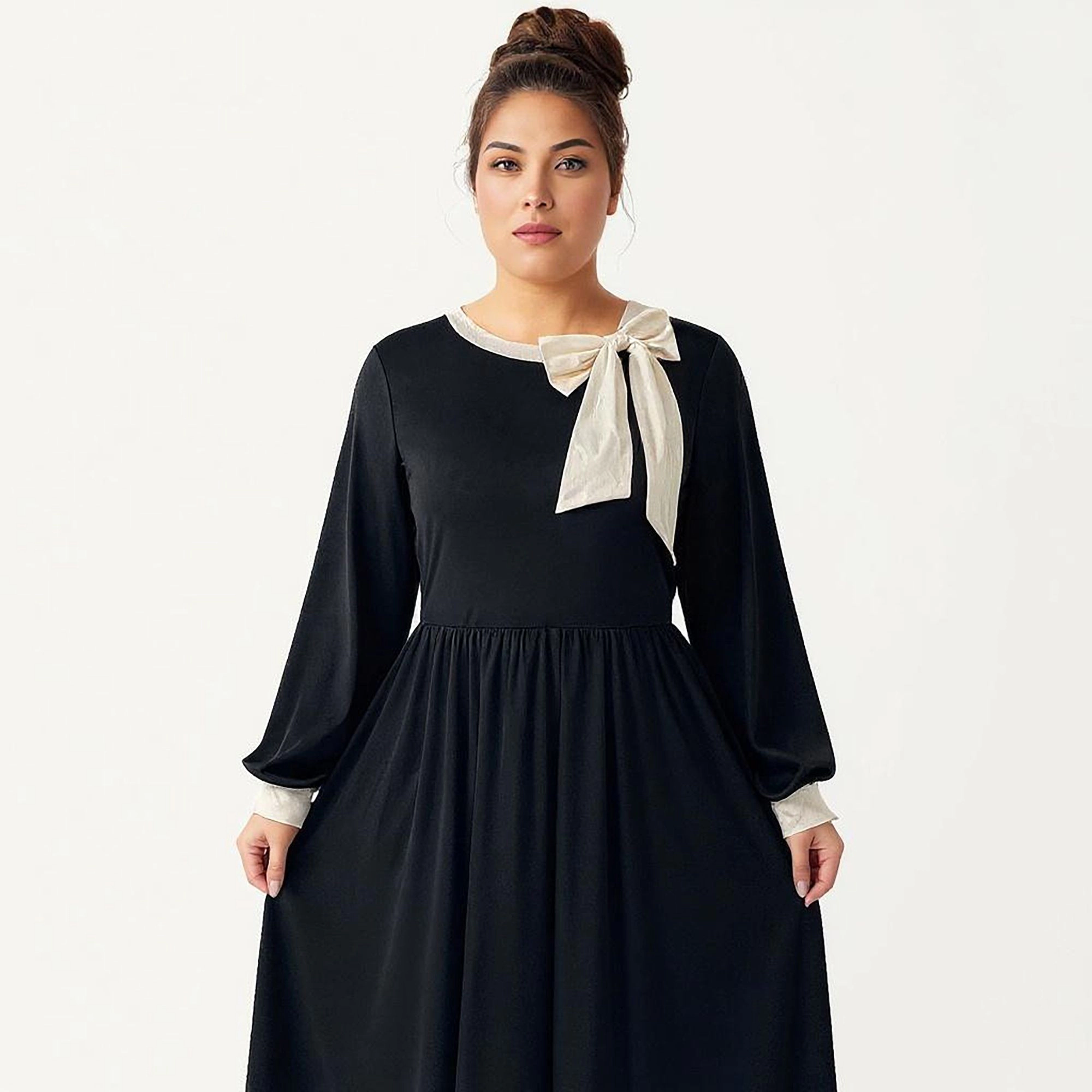 Anna-Kaci Women's Plus Long Sleeve Bow Neck Detail Gathered Waist Flowy Skirt Midi Dress
