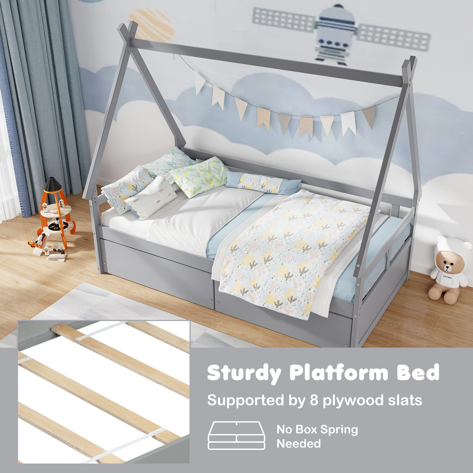 SUGIFT Roof Safety Guardrail and 2 Rolling Drawers 250-lb Twin Kids House Bed