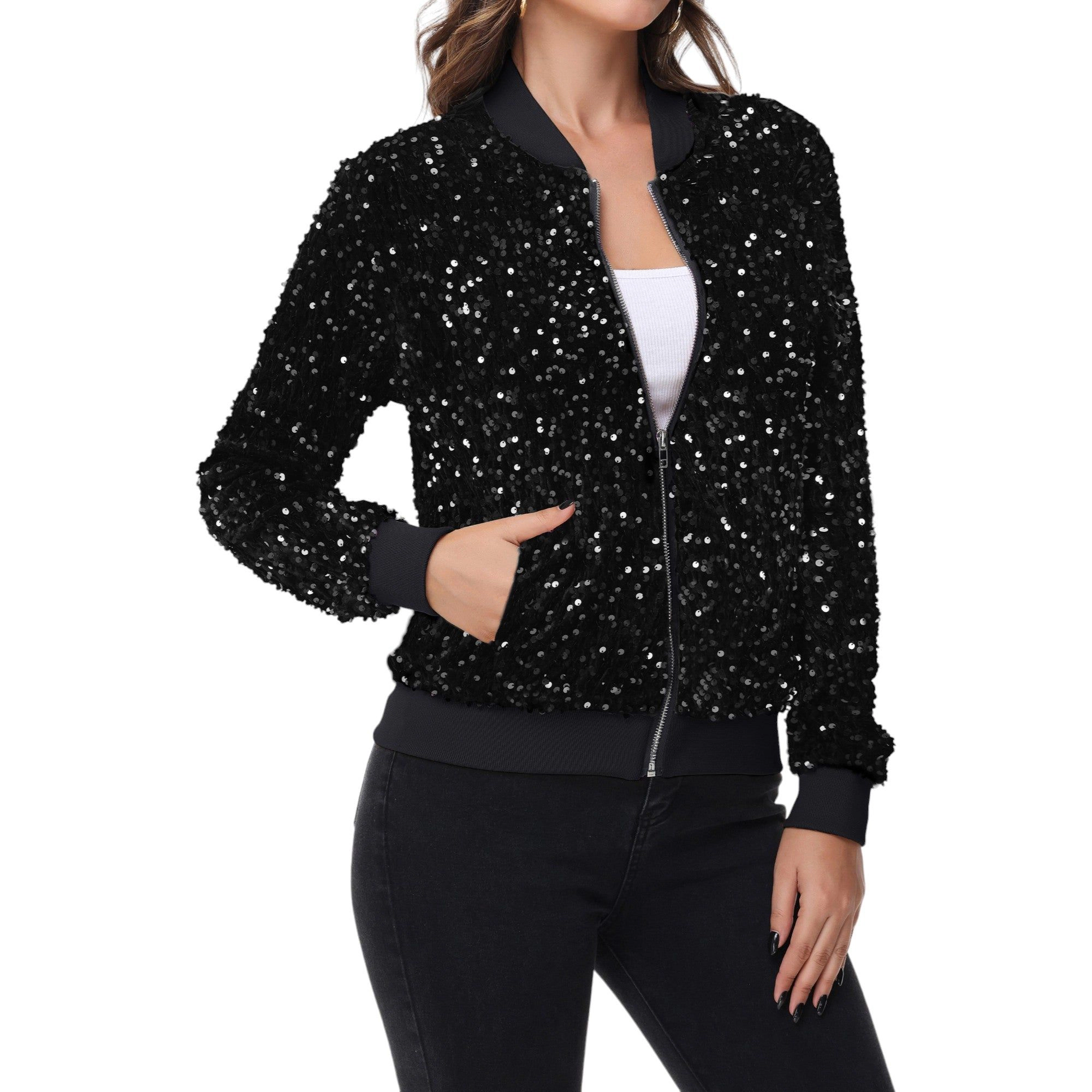 Anna-Kaci Women's Sequin Bomber Jacket Zip Front Ribbed Cuffs and Hem Pockets