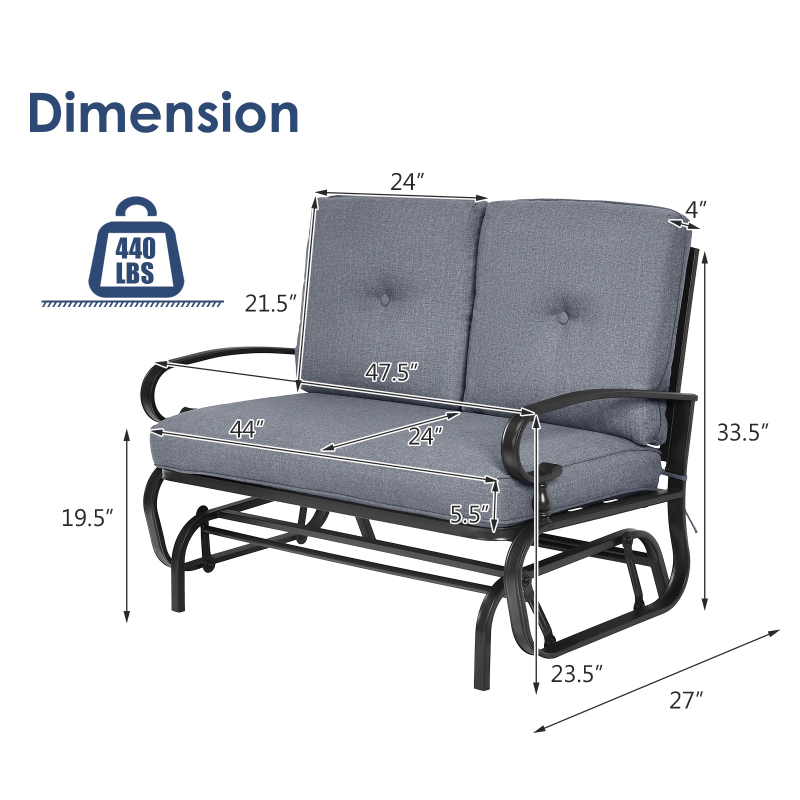 SUGIFT 2-Seat Outdoor Steel Swing Glider Chair with Cushions 440-lb Capacity 47.5-in Frame Patio Bench Gray