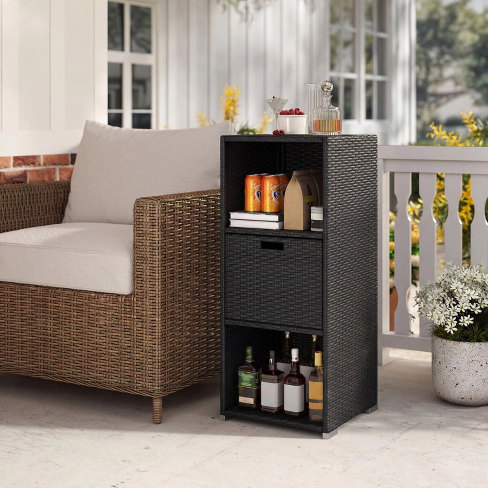 SUGIFT Hand-Woven PE Rattan Outdoor Storage Cabinet with 3 Shelves Countertop and Removable Drawer