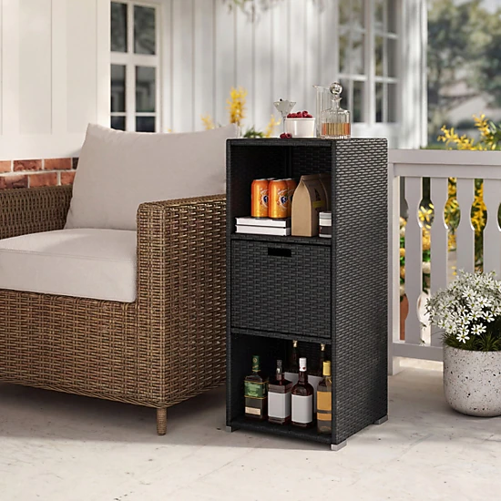 SUGIFT Hand-Woven PE Rattan Outdoor Storage Cabinet with 3 Shelves Countertop and Removable Drawer