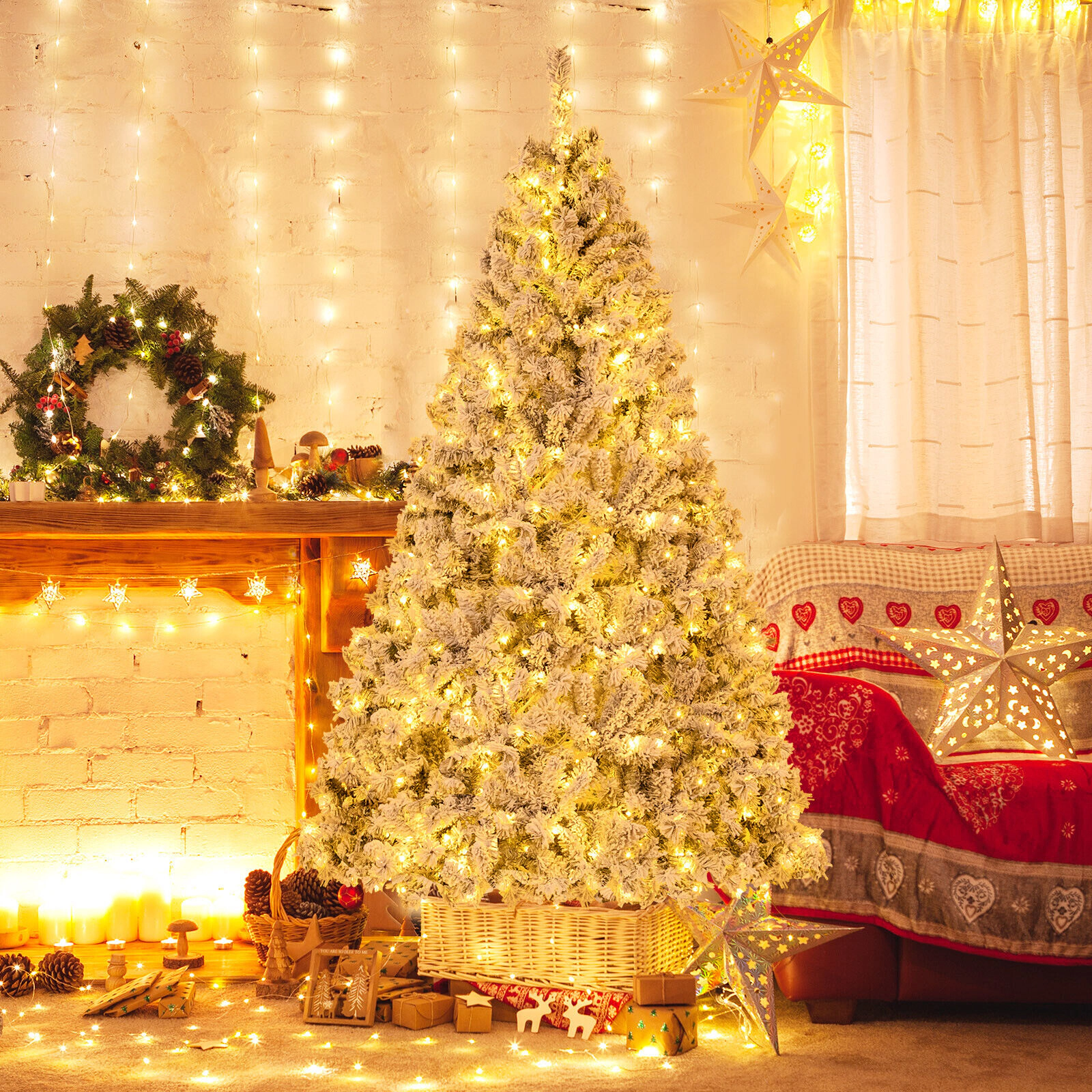 SlickBlue Pre-Lit Snow Flocked Christmas Tree with Warm White LEDs