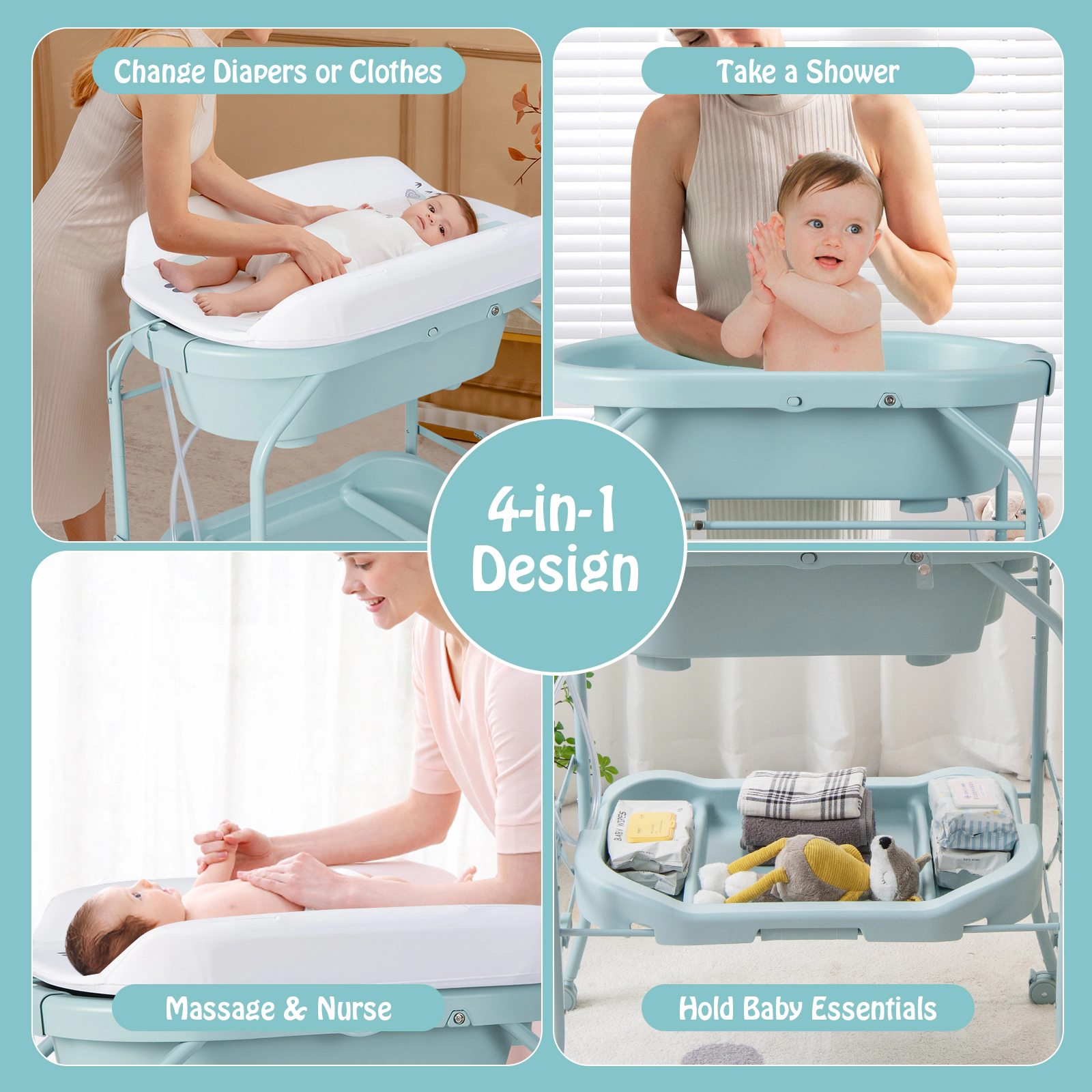 SUGIFT Folding Baby Changing Table with Bathtub and 4 Universal Wheels 33-lb Capacity Ages 0-12 Months Blue