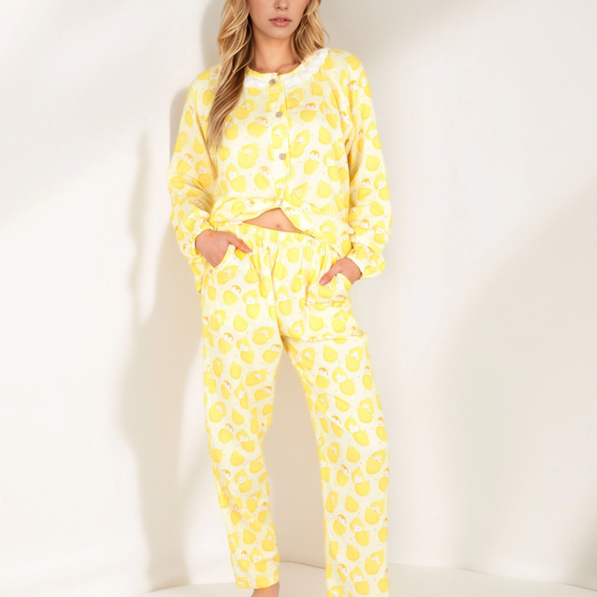 Anna-Kaci Women's Lemon Print Long Sleeve Pajama Set with Ruffle Trim Button Top and Relaxed Fit Elastic Waist Pants