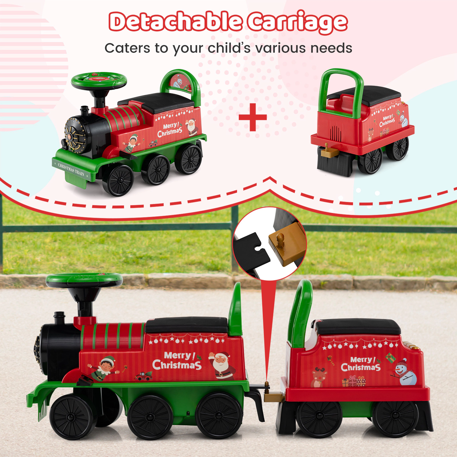 SUGIFT Green Carriage and Flashing LED Lights 6V 2-Seater Toddler Ride On Train